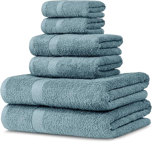 Juego de 6 toallas de baño 100% algodón peinado, 2 toallas de baño, 2 toallas de mano, 2 paños de lavado, sostenibles, suaves, altamente