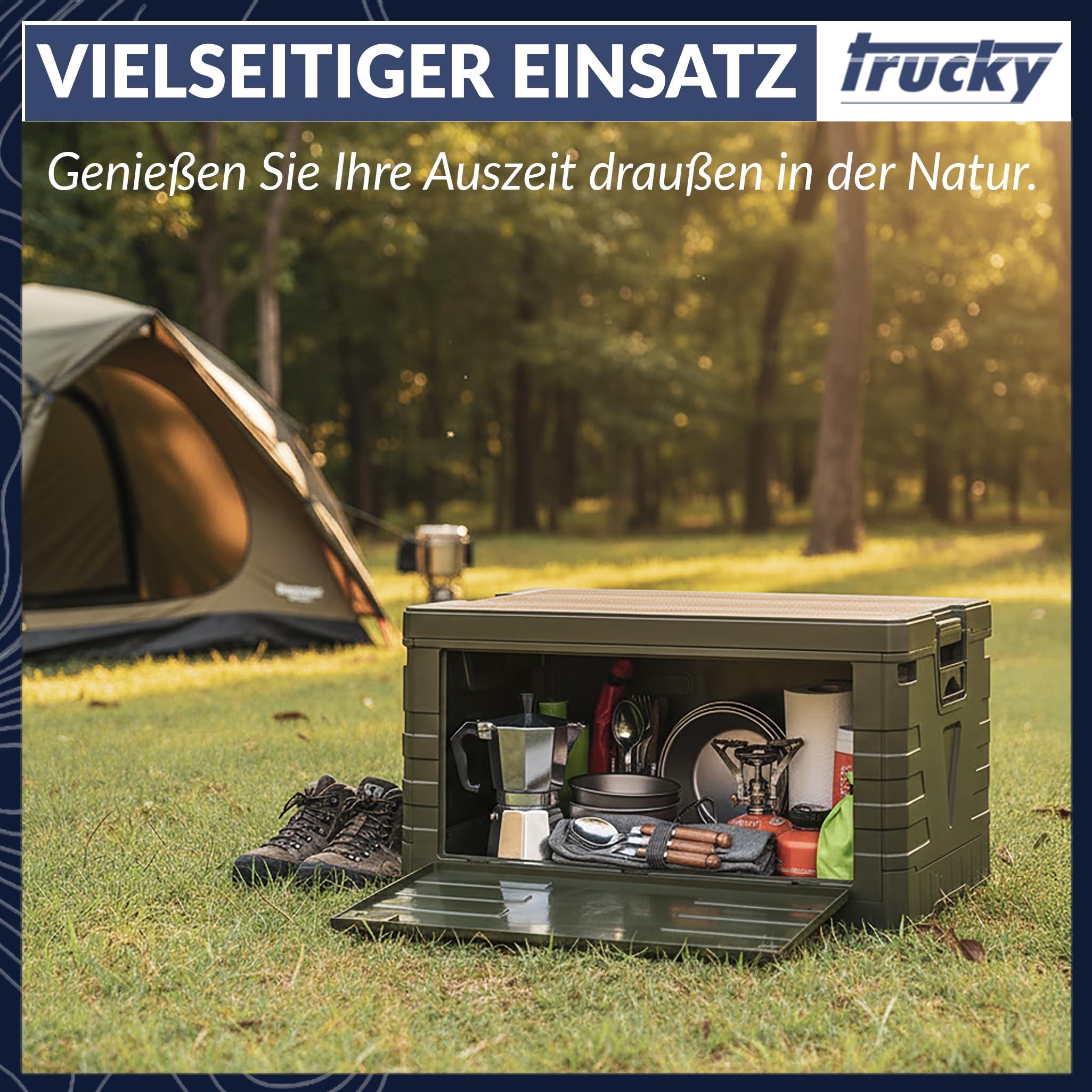 Trucky Storage Box, 75 L 58 x 40 x 33 cm, Camping, Klappbox, Klappkiste, Aufbewahrungsbox mit Deckel, faltbar, Aufbewahrung, Kiste, Grün