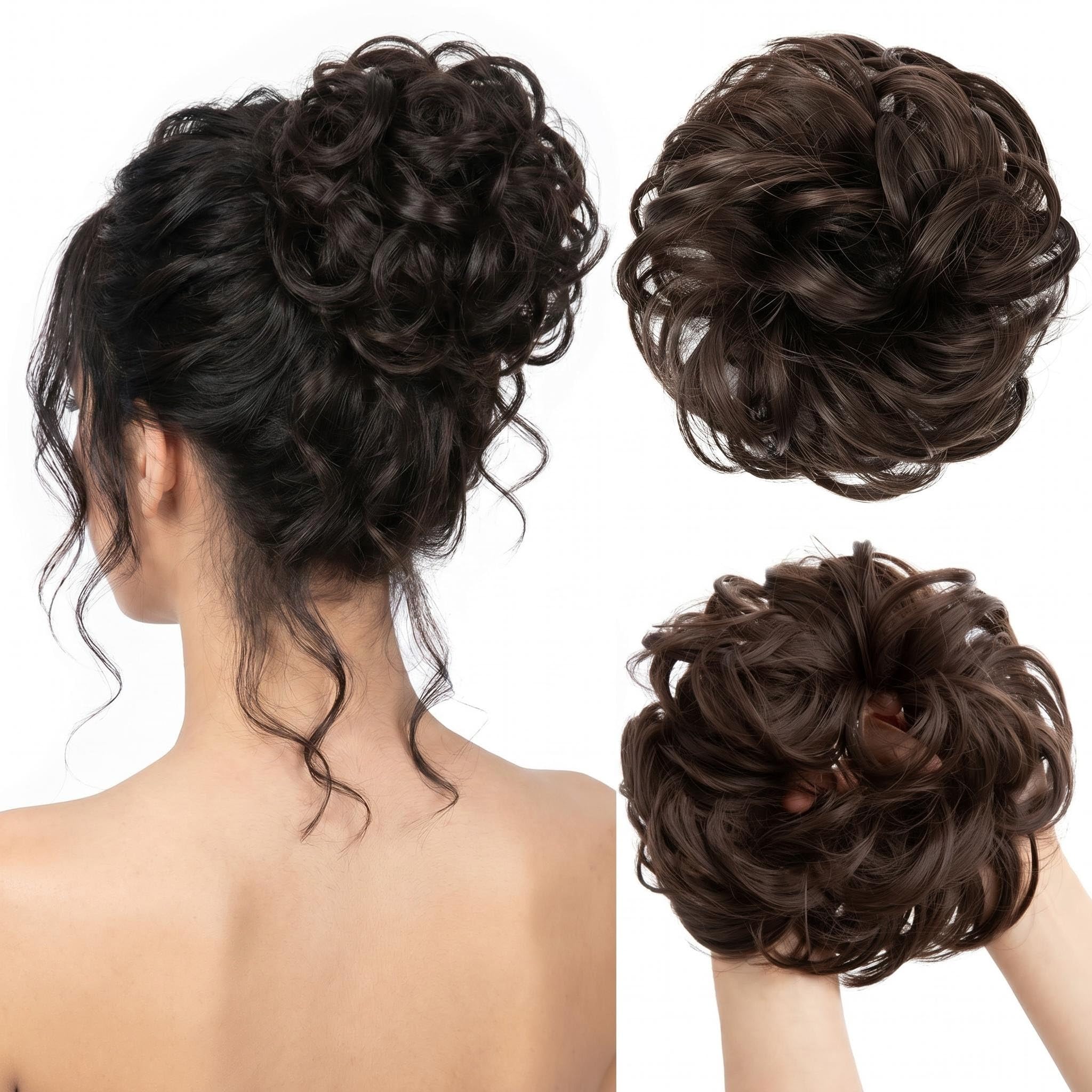 Synthetic Thick Updo Hairpieces for Women, Wavy Curly Messy Bun
