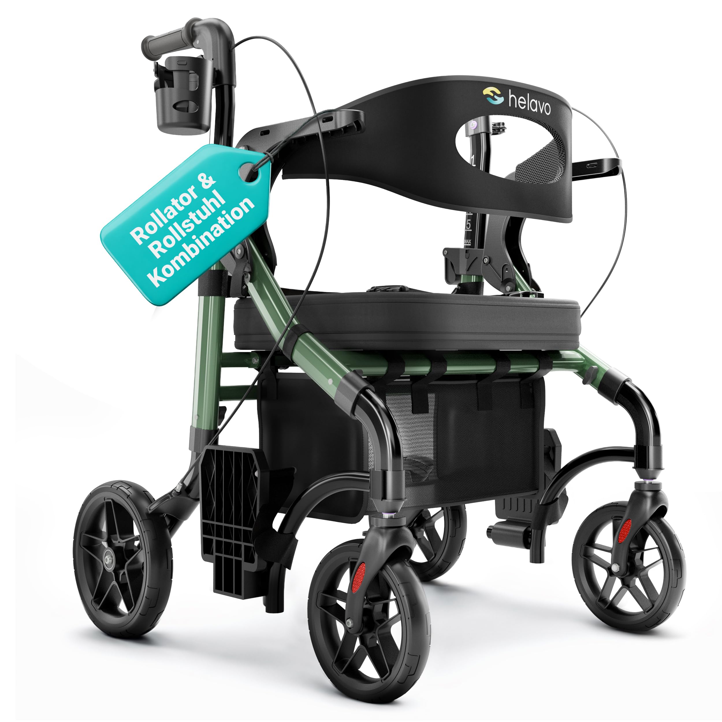 Helavo 2-in-1 Rollator und Rollstuhl mit All-Terrain-Rädern - Leichter Rollator mit Rollstuhlfunktion, Faltbar, Höhenverstellbar, Bis 136 kg Belastbar | Aluminium 2-in-1-Rollator mit Fußstützen - 10" Vollgummireifen für jeden Untergrund - 136 kg Traglast