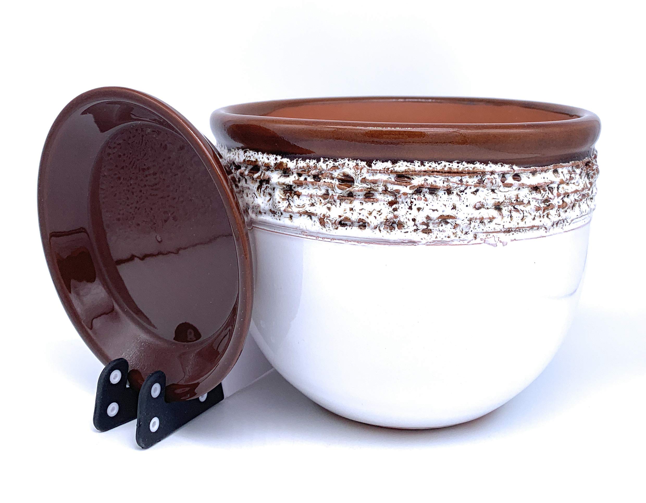 Sun Cakes Glazed Terracotta Flower Pot with Saucer Round Planter with Drip Tray Plant Pot Clay Coloured Flower Pot Antique Tape (16cm x 12cm, White)