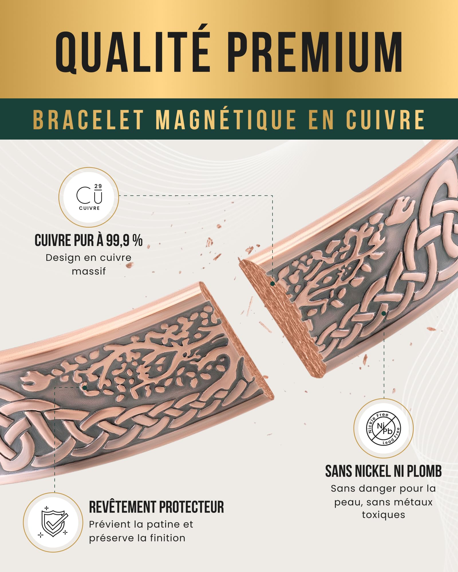 MagnetRX® Bracelet Magnétique En Cuivre Pur Pour Homme - 6 Aimants Puissant (3500 GAUSS Par Aimant) Bijoux Aimanté En Cuivre - Manchette Réglable