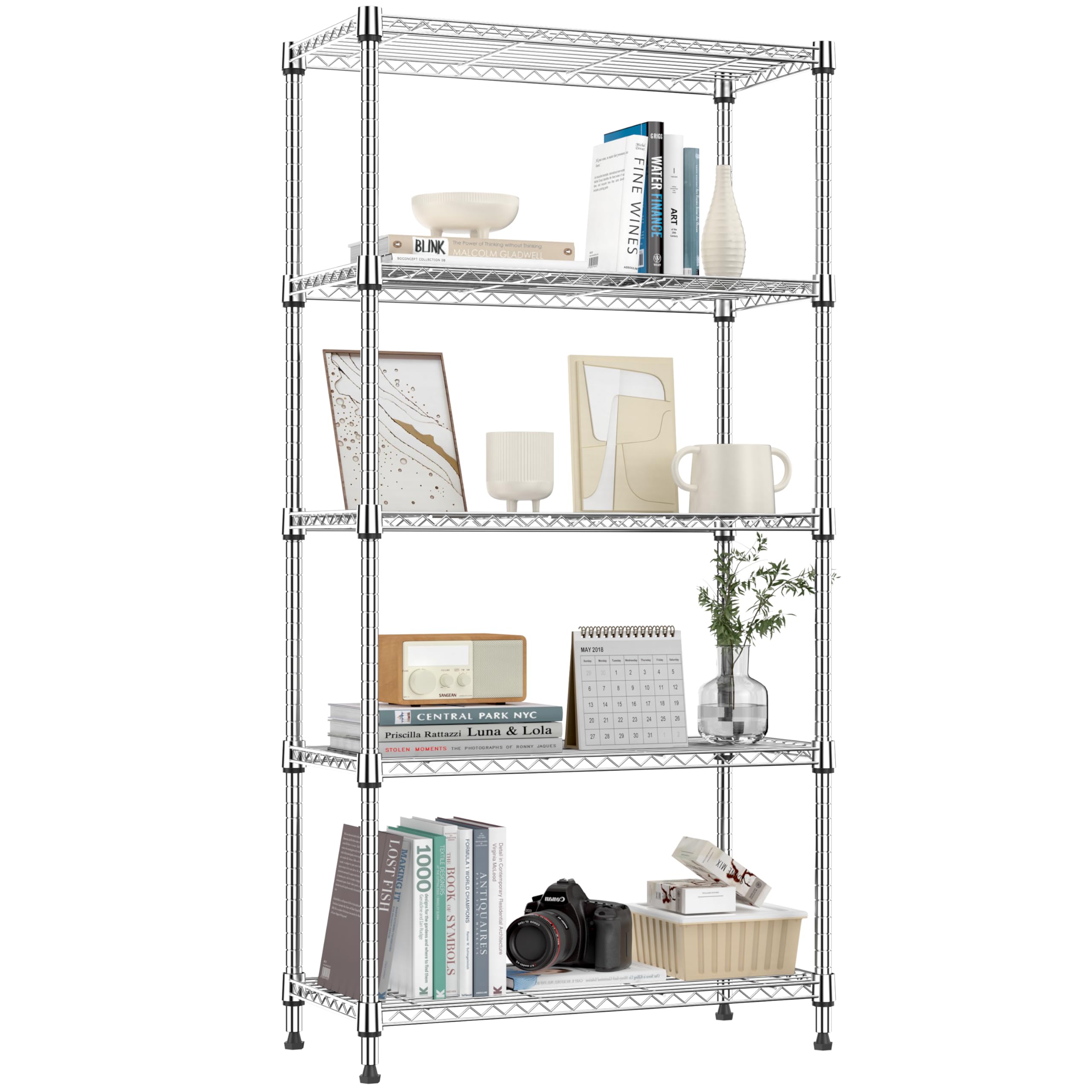 1250 lbs 5 Tier Shelf Metal Storage Shelves Shelving Wire Rack Heavy Duty Closet Organizers for Garage Kitchen Bathroom Laundry Chrome 13.8" D x 29.5" W x 59.5" H
