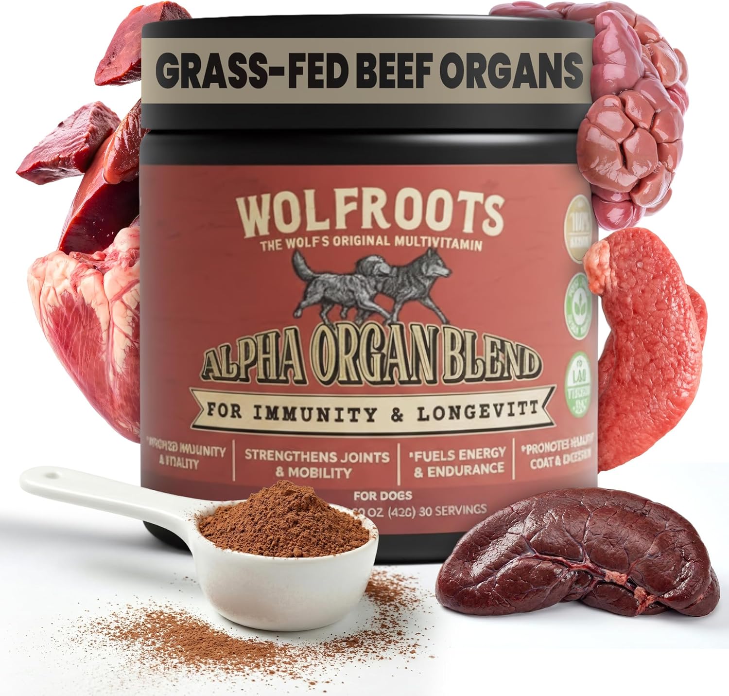 Alpha Organ Blend for Dogs – Grass Fed Beef Liver Heart Kidney Pancreas Spleen Powder – Freeze Dried Dog Vitamin Minerals – Supports Immunity Joints Skin Coat Energy – All Breeds 30 Servings