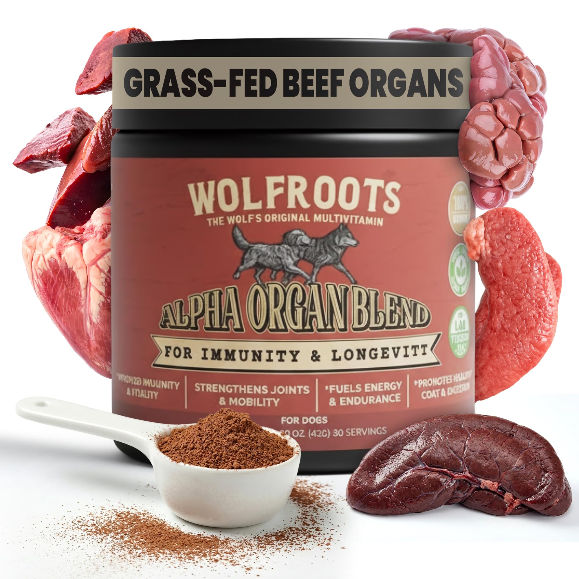 WolfRoots Alpha Organ Blend for Dogs - Grass Fed Beef Liver Heart Kidney Pancreas Spleen Powder - Freeze Dried Dog Vitamin Minerals - Supports