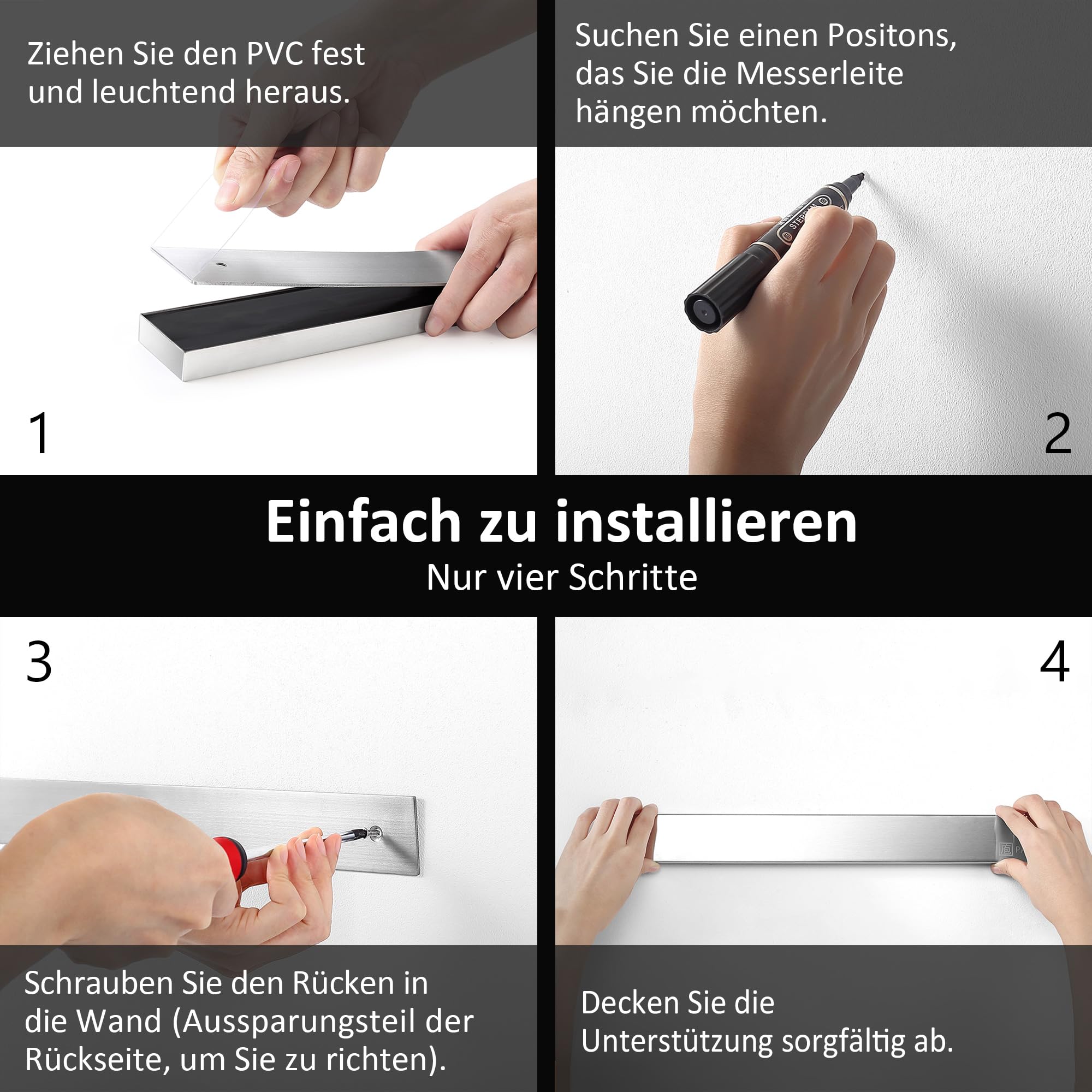 PAUDIN Magnetleiste Messer 45 cm Messerleiste magnetische Küchenmesserleiste aus Edelstahl mit extra starkem Magnet als Messerhalter für Wand Selbstklebend für Küchenutensilien oder Werkzeugen