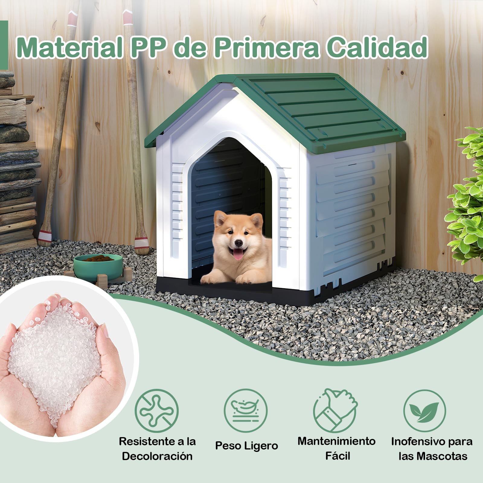 GYMAX Caseta para Perros, Casa de Plástico para Perros con Puerta Metálica Bloqueable, Techo Inclinado, Buena Ventilación, Refugio para Animales Adecuado para Interior, Exterior (Verde)