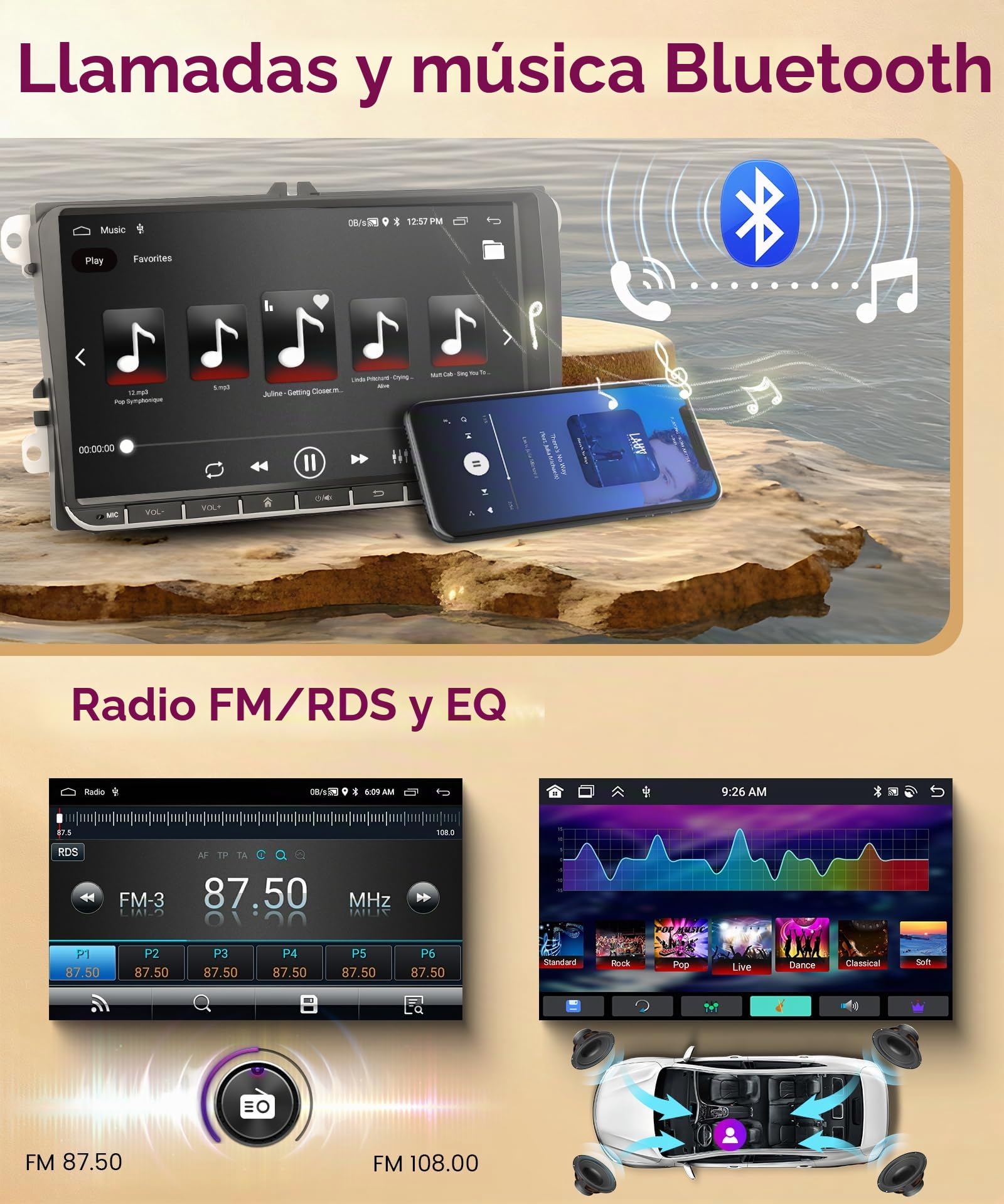 6G+128G 8 Core Inalámbrico Carplay Android Radio Coche para VW Golf 5 6 Passat Polo Tiguan Touran Caddy Skoda Seat 9 Pulgadas Radio Coche Android Auto GPS Navi WiFi Bluetooth FM/RDS/DSP Cámara Trasera