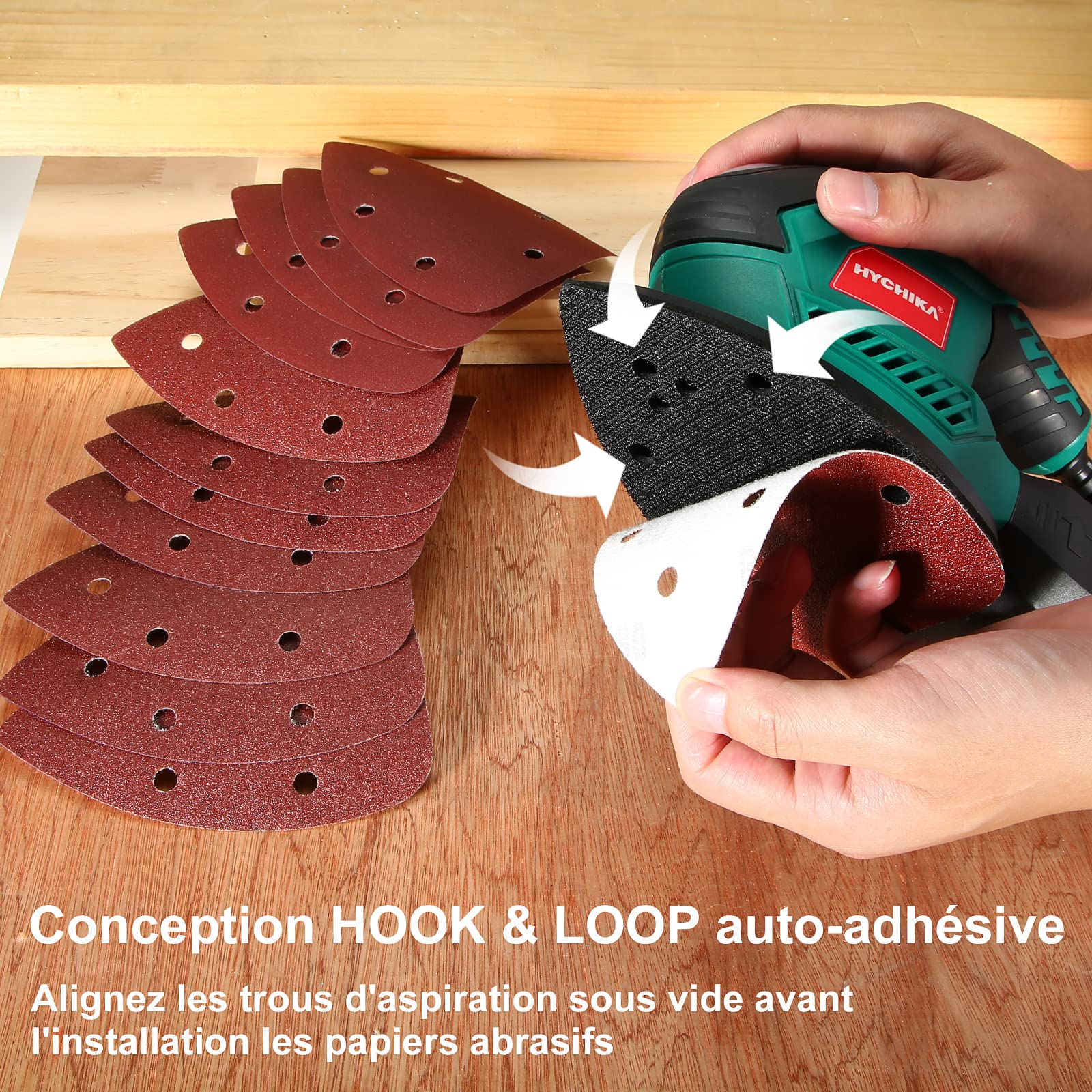 HYCHIKA Ponceuse Bois, 200W 14000RPM Ponceuse Electrique avec 12pcs Papier de Verre& Collecte de Poussière, Idéale pour Angles et Bords, Métal et Bois