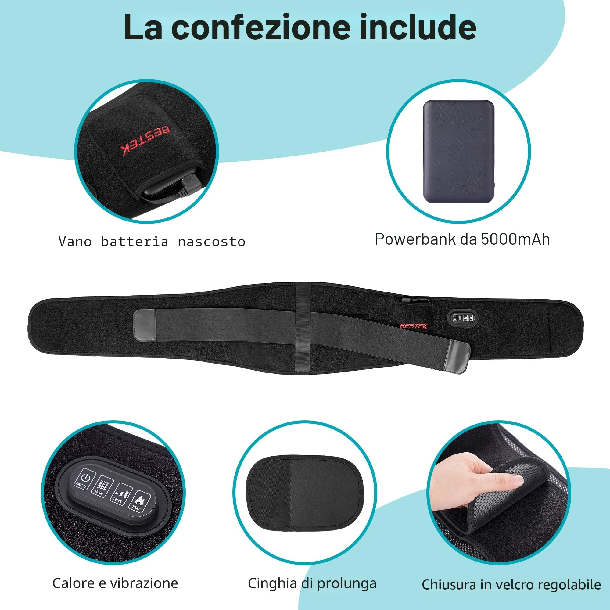 BESTEK Fascia Massaggio Lombare Riscaldante Cintura Riscaldante con 3 Livelli di Temperatura e Massaggio a Vibrazione–Termoforo Elettrico con Spegnimento Automatico per Schiena, Spalle e Addome