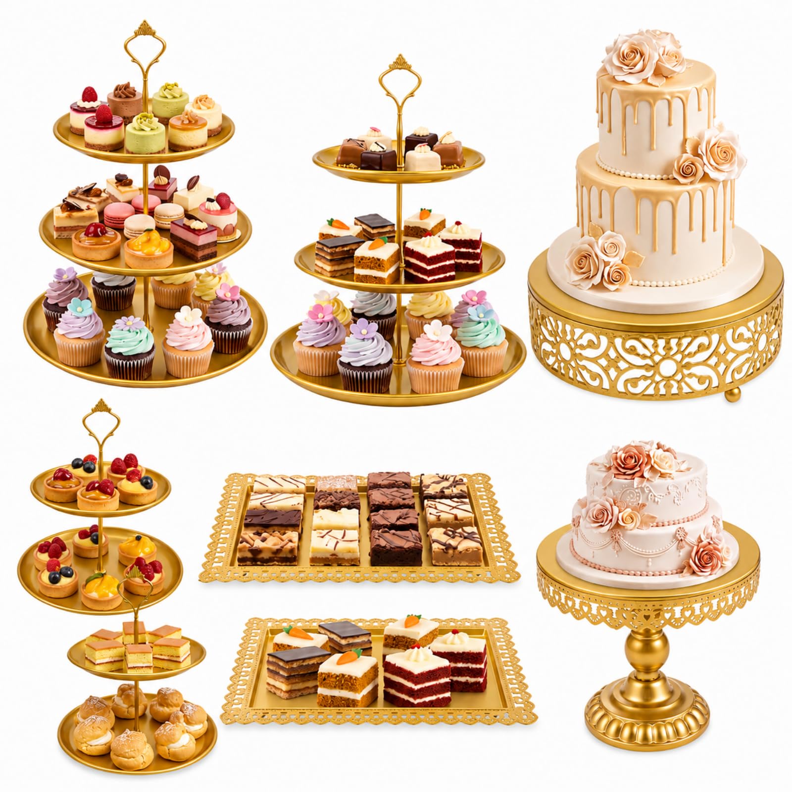 Présentoir à gâteaux doré anti-basculement en métal pour grand buffet