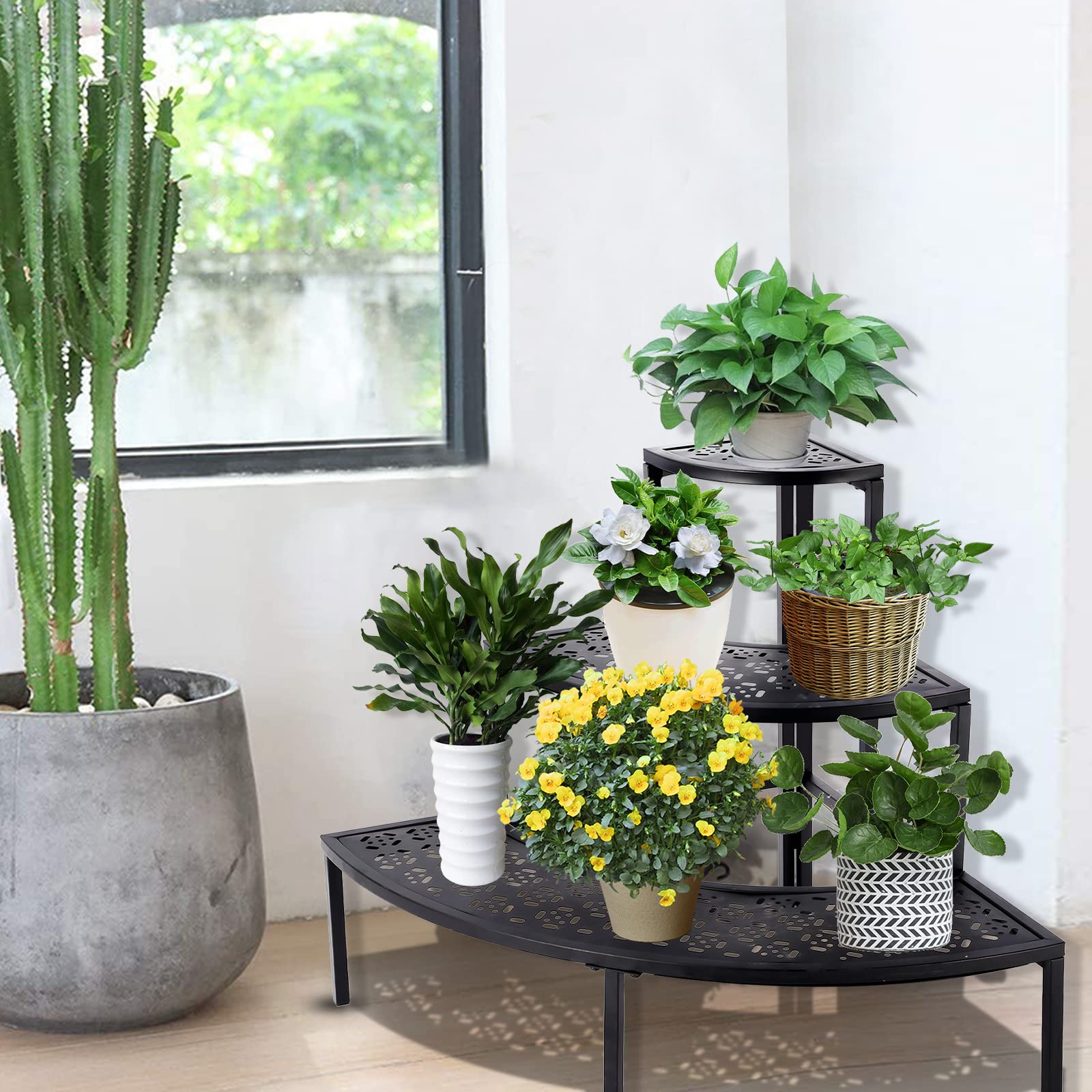 3 Tier Plant Stand Semi-Circular Flower Pot Organizer Rack Quarter Round Plant Display Holder Outdoor Storage Shelves Metal Corner Shelf Planter Shelving Ladder Plant Stand for Indoor Use