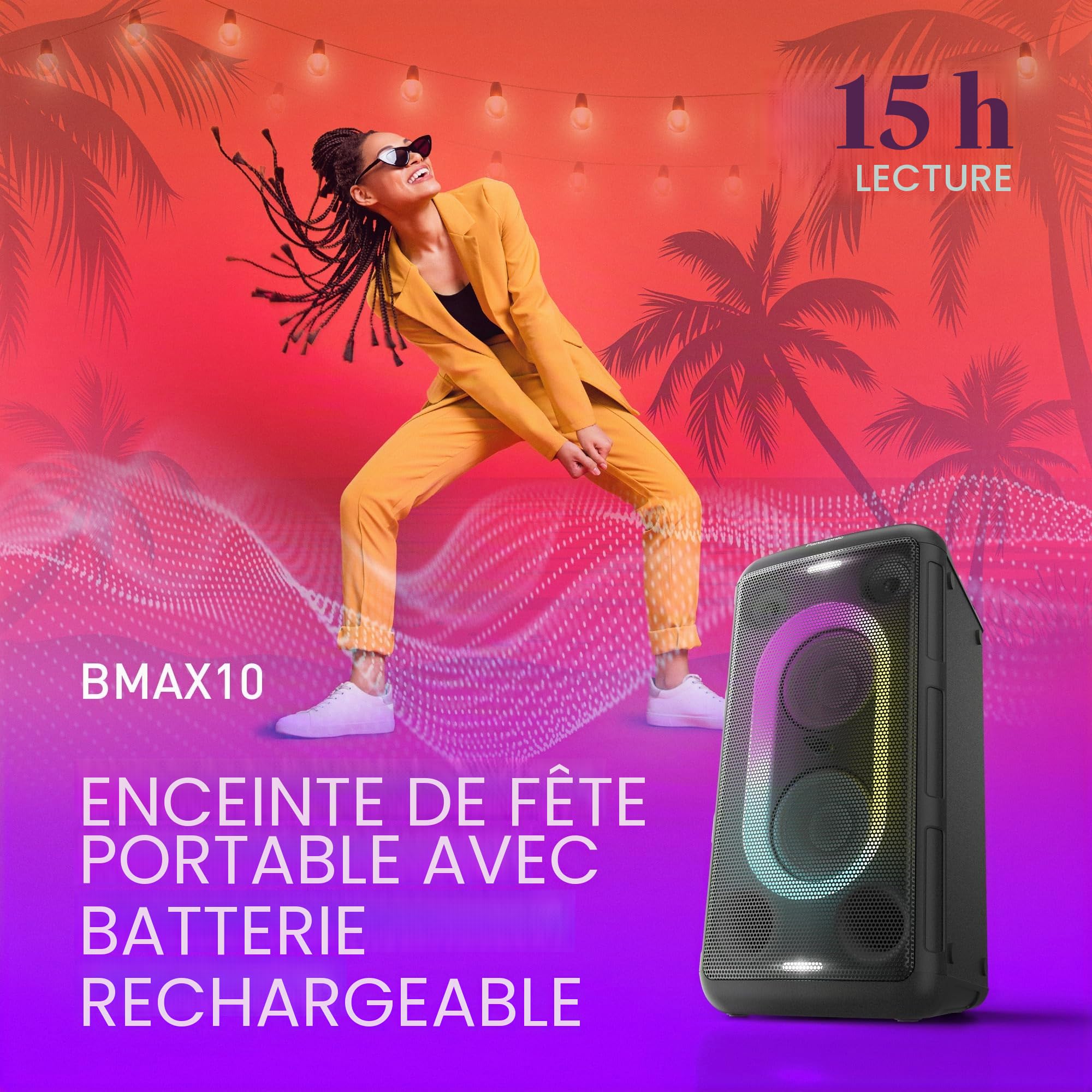 Panasonic SC-BMAX10E-K Enceinte de Fête Portable avec Bluetooth, Lumières Intégrées, 150W, USB, Entrée Optique pour TV, Entrées Guitare et Micro pour Karaoké, Noir