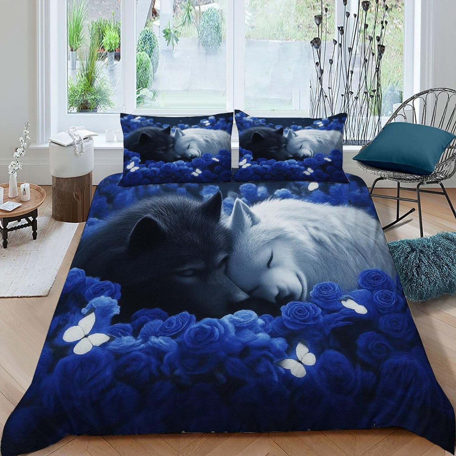 Housse de couette loup et roses 220x240 parure lit adulte