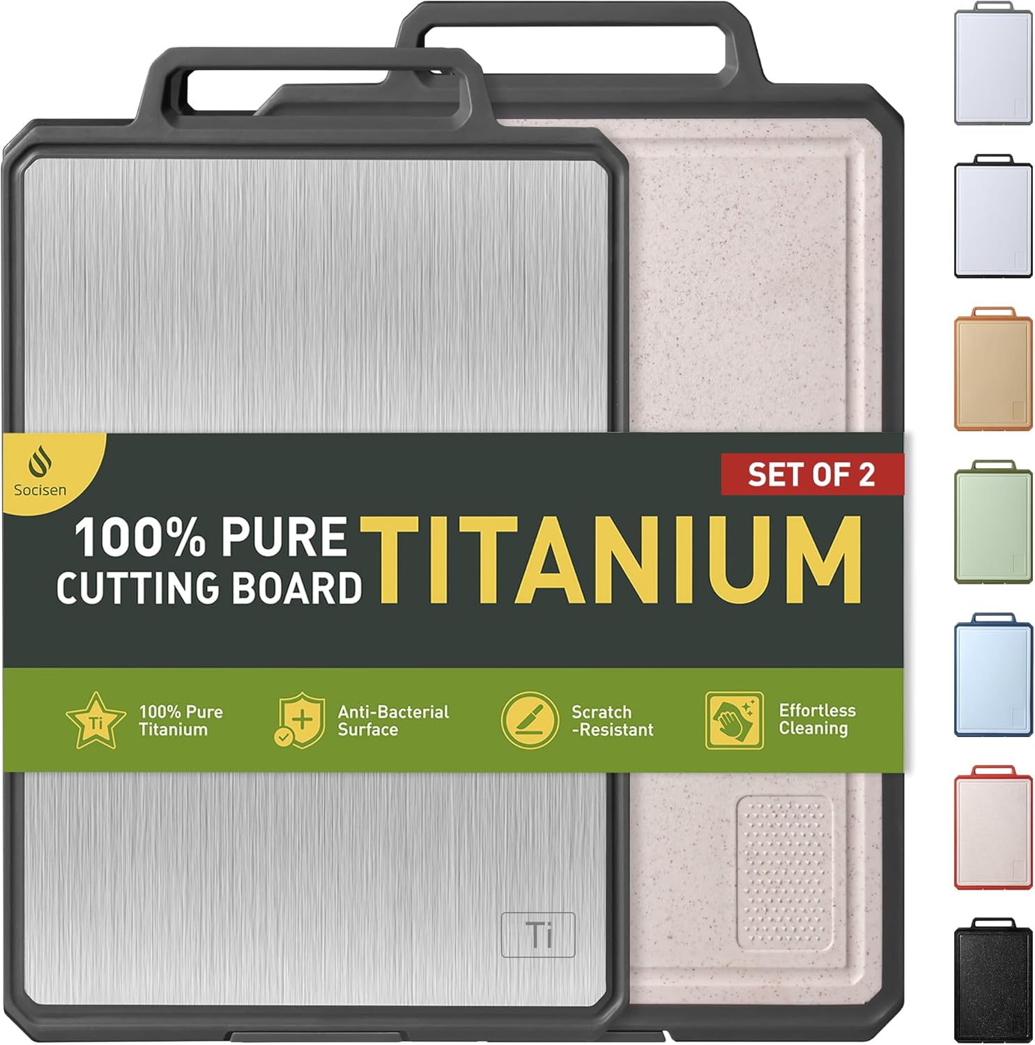 2 Packs Pure Titanium Cutting Boards for Kitchen Chopping Board with Handle Large Big Small Kitchen Meat Butcher Block 2 in 1 Titanium and Wheat Straw PP Not Wood Bamboo Plastic Silicone Grey/Beige