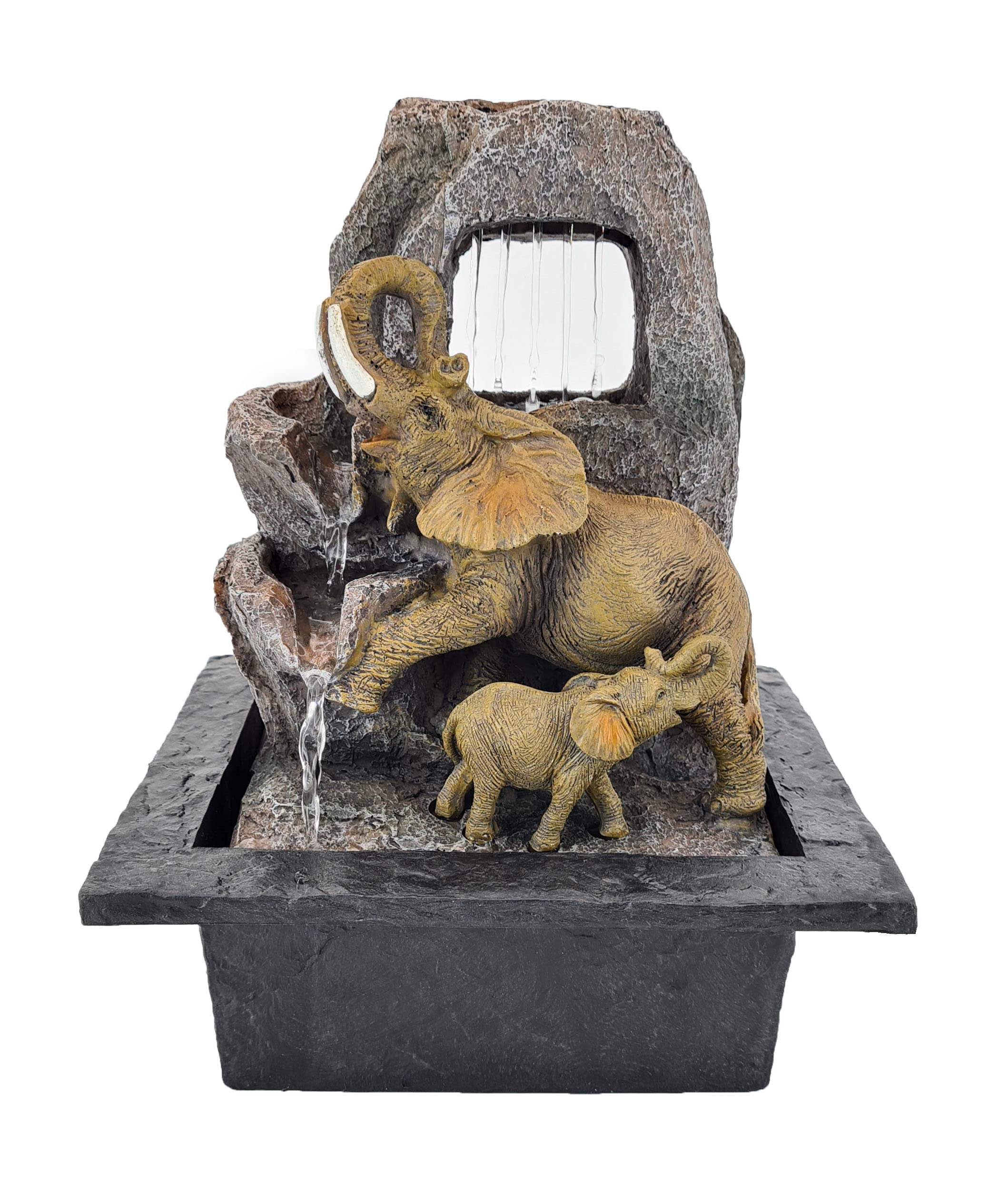 ABC Home | Zimmerbrunnen Elefanten mit LED-Beleuchtung – 27 cm Hoch – Feng Shui Wasserfall Glücksbringer – Dekorativer Tischbrunnen aus Polyresin