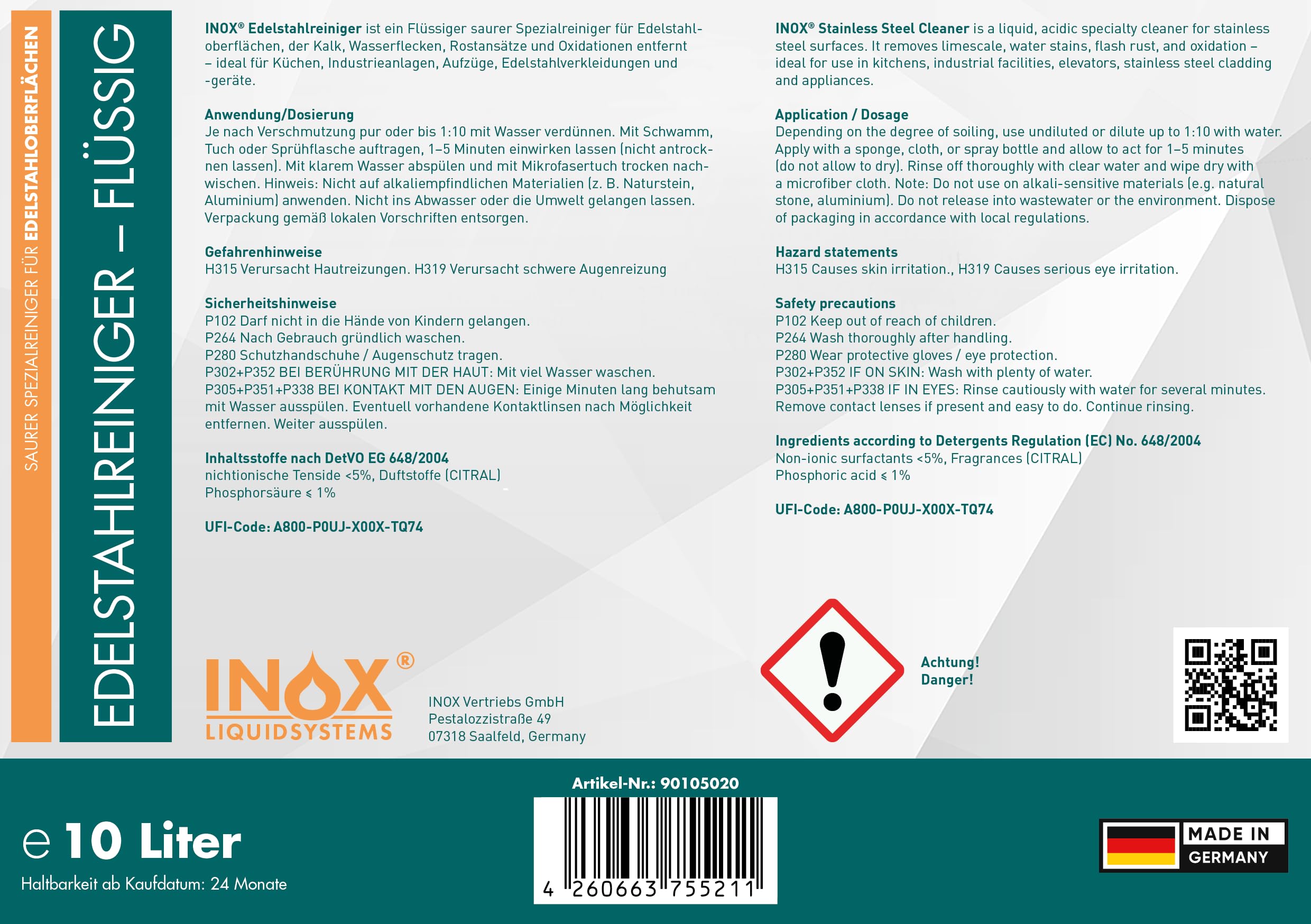INOX® Edelstahlreiniger 2x10L – Edelstahl Reiniger & Politur für Küche, Spüle & Haushalt – Hochwirksame Edelstahlpflege für glänzende Oberflächen