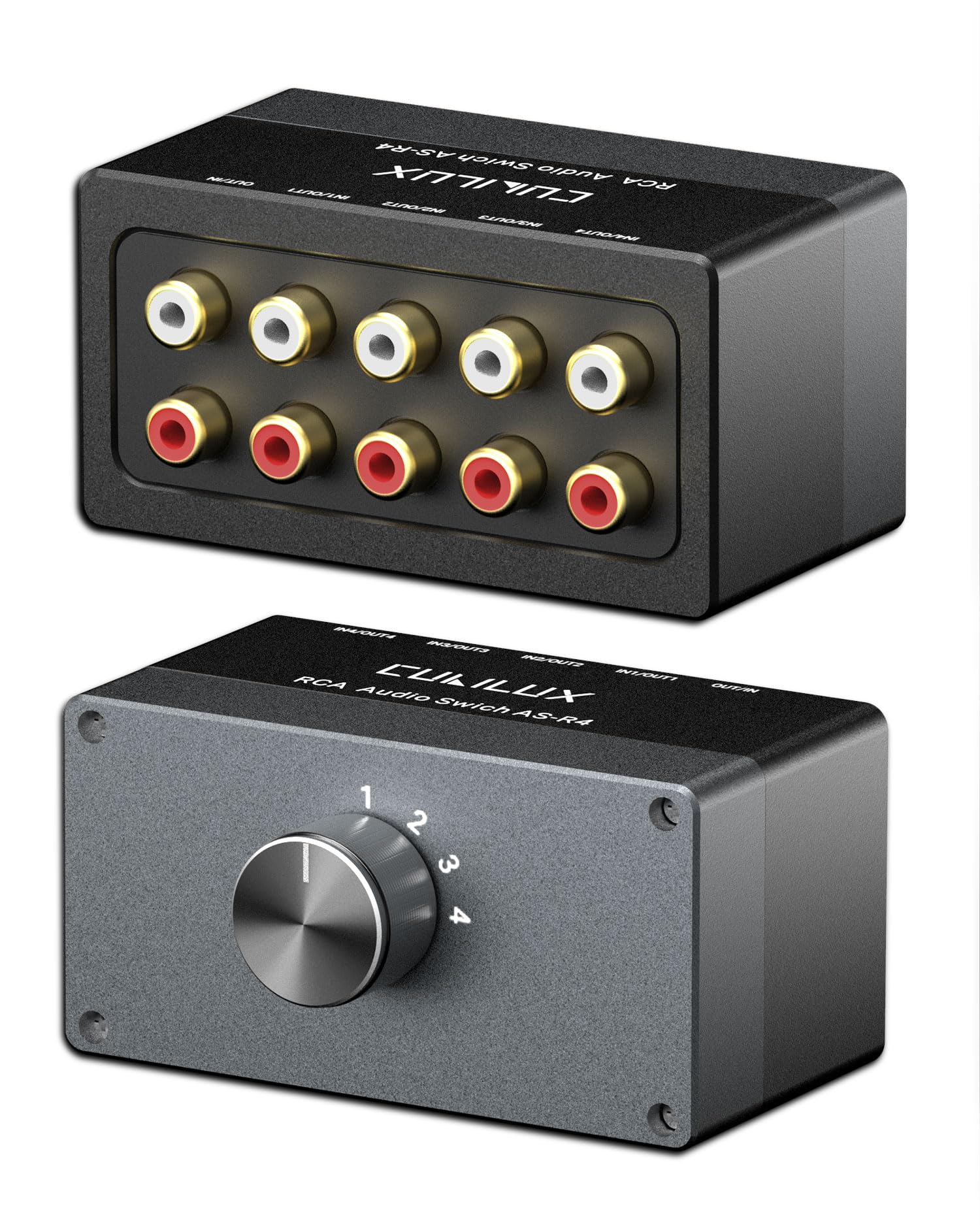 Cubilux AS-R4 Switch Pono bidirezionale a 4 vie, selettore di altoparlanti RCA stereo passivo a 4 canali, commutatore audio Pono da 1 ingresso a 4 uscite/da 4 ingressi a 1 uscita
