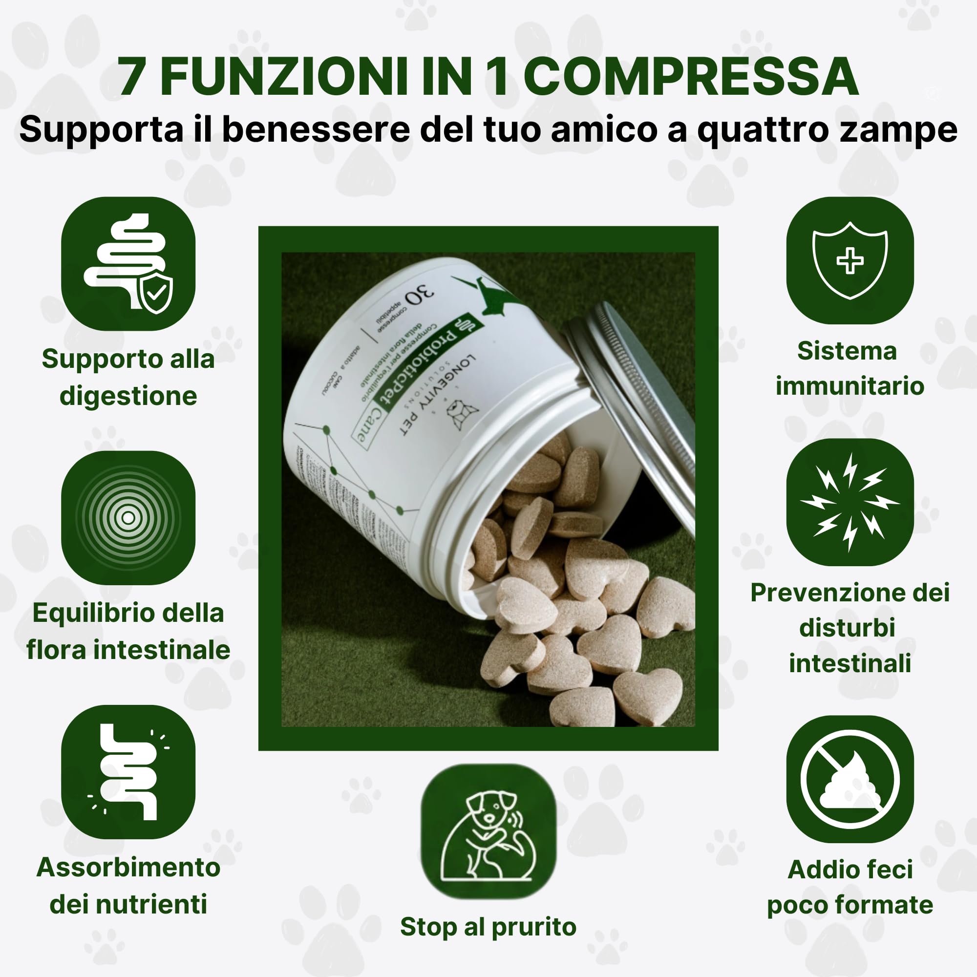 ProbioticPet Cane 30 Compresse per Prurito, Dermatite, Digestione | Probiotici per Cani FOS e MOS | Integratori per cani | Supporto per Diarrea Cane e Gatto | Made in Italy Longevity Pet