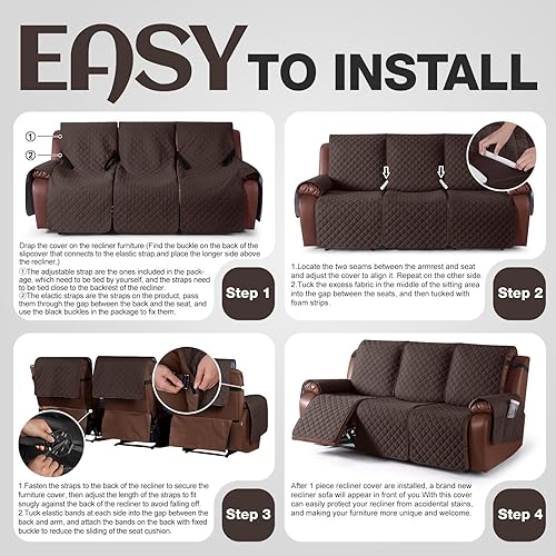 Miniatura 5 de KinCam Funda impermeable para sofá reclinable, funda antideslizante para sofá reclinable de 3 plazas, protector de muebles con correas elásticas
