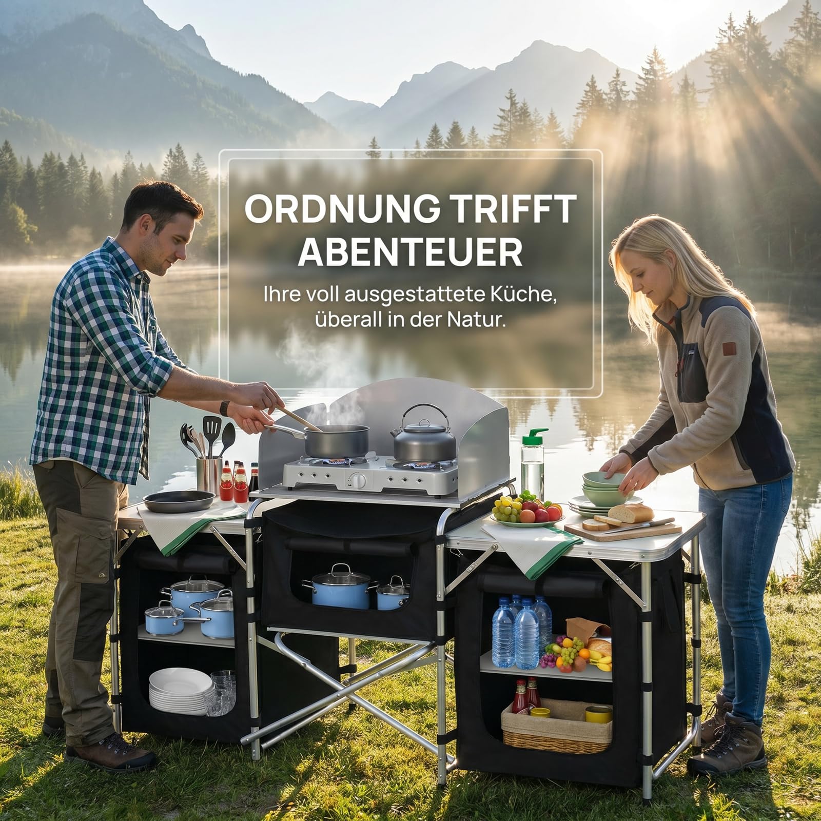 Faltbare Campingküche mit Aluminiumgestell, 5 Fächer & 3 Tischflächen, Stabiler Campingschrank aus 600D Oxford-Stoff, Windschutz Outdoor Küchenbox mit Tragetasche - Typ A
