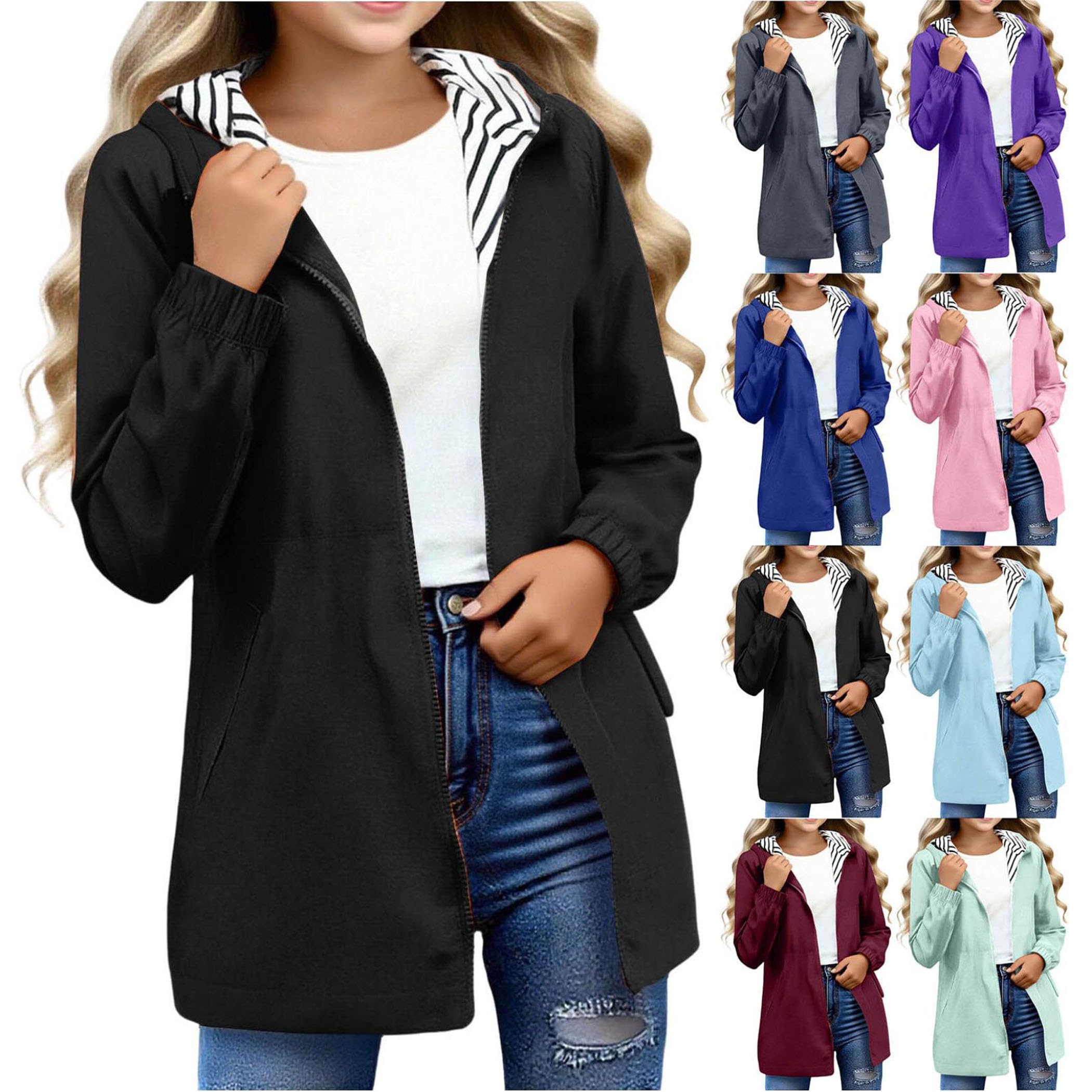 Veste Imperméable Enfant Polyester Doux Manteau de Pluie Léger Étanche Respirant Blouson Coupe-Vent Capuche avec Poches Pratiques École Quotidien Manteaux de Pluies Pour Garçons et Filles 5-15 Ans