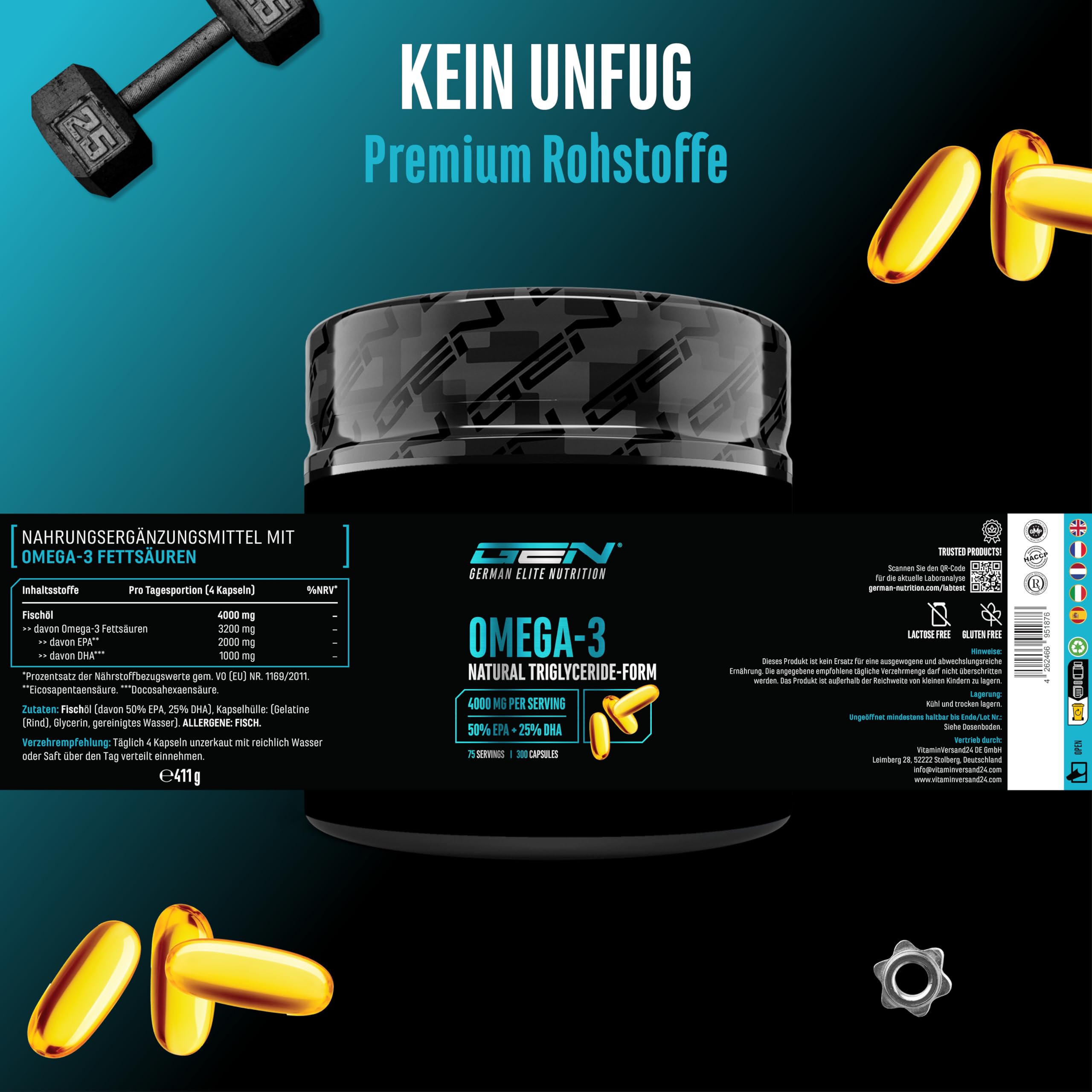 GEN GERMAN ELITE NUTRITION Omega 3 hochdosiert 4000 mg 300 Kapseln | Fischöl mit 80% Fettsäuren,2000 mg EPA & 1000 mg DHA, natürliche Triglyceride Form, aufwendig gereinigt & laborgeprüft