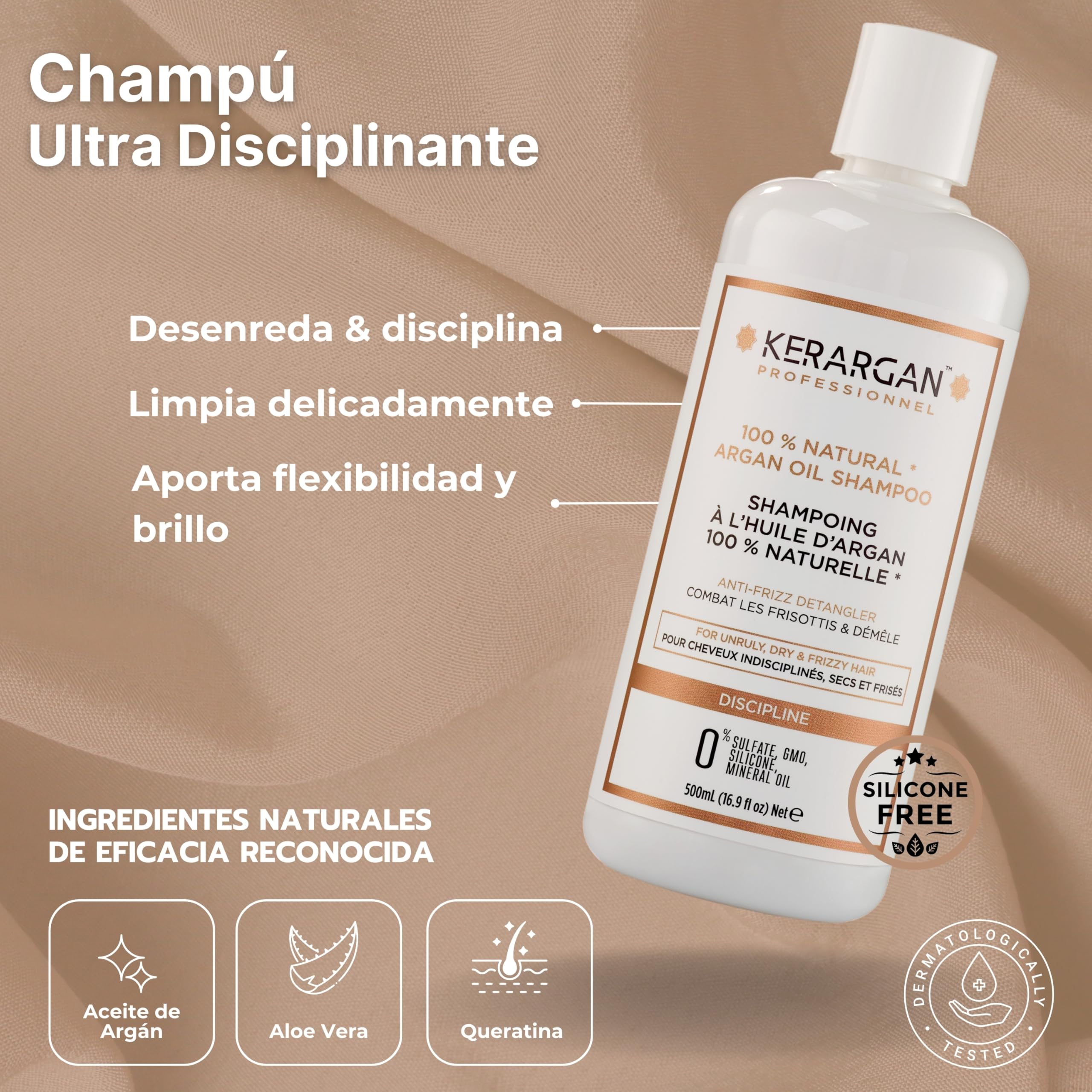 Kerargan - Trío Disciplinante Champú, Mascarilla & Leave In con Aceite de Argán para Cabellos Indisciplinados, Secos y Rizados - Combate el Frizz & Desenreda - Sin Sulfatos, GMO,Silicona-2x500ml+350ml | Champú, mascarilla y acondicionador sin aclarado, ru