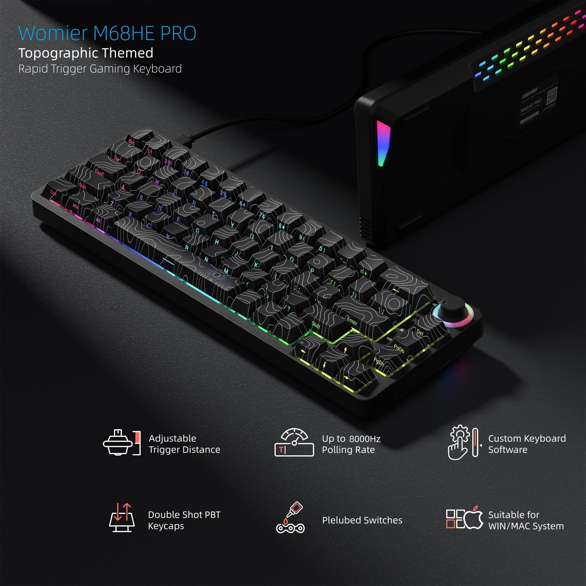 Womier Tastiera M68 HE V2 60% con trigger rapido, tastiera topografica da gioco effetto Hall, tastiera meccanica RGB personalizzata cablata con interruttore magnetico, copritasti in PBT per Mac/Win