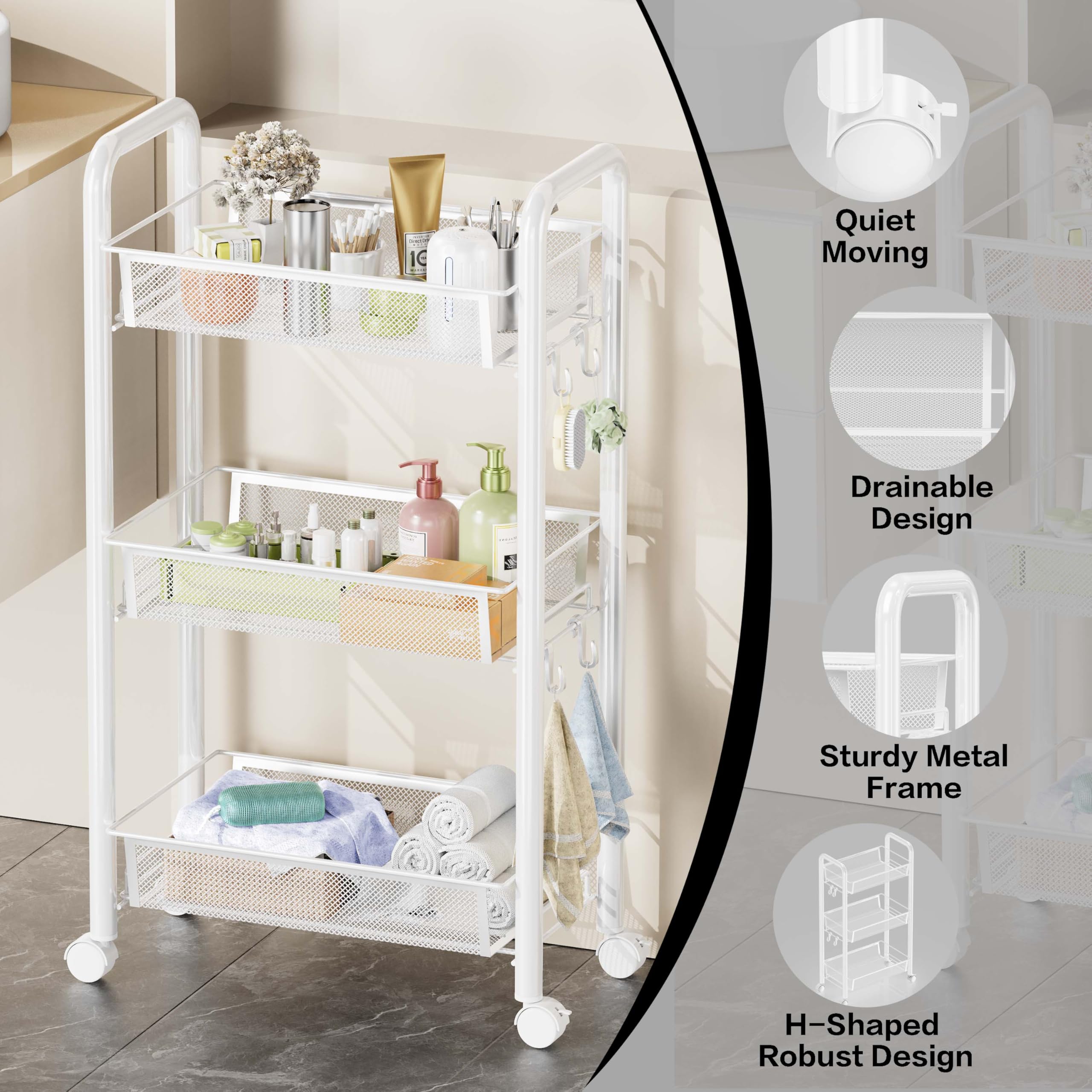 Chariot de rangement à roulettes en métal à 3/4/5 niveaux, chariot de cuisine peu encombrant avec roulettes, étagère pour cuisine, salle de bain, buanderie, chambre, endroits étroits (blanc