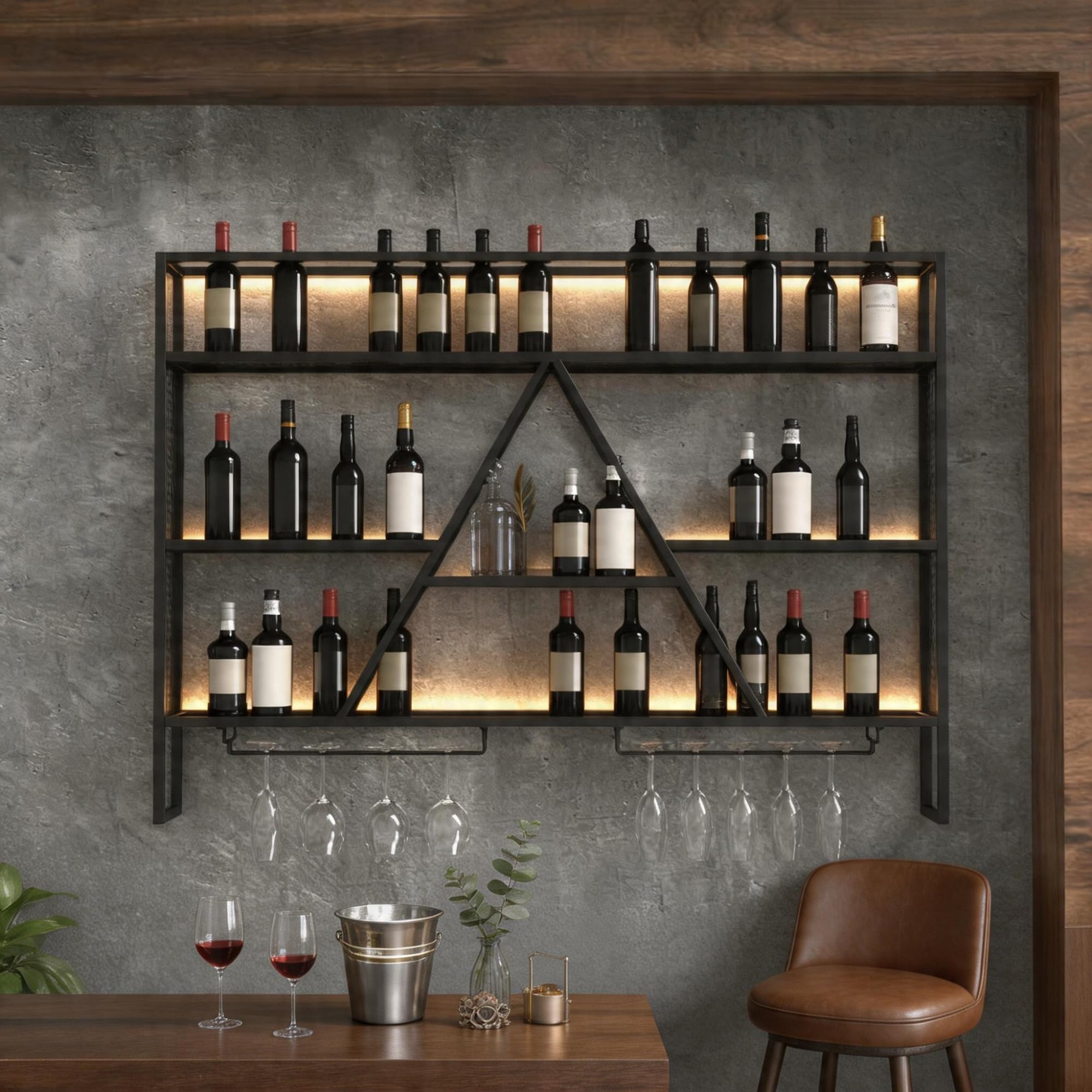 Étagère à vin murale avec LED noire de 120cm pour bouteilles et verres