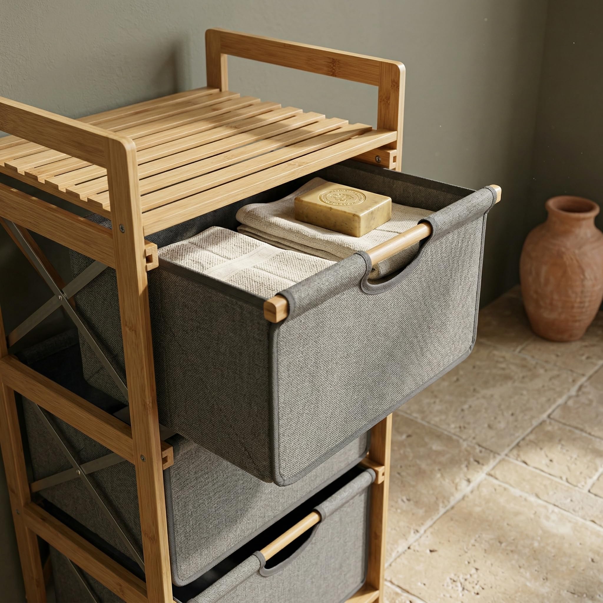 Deconox Doğal Bambu 3 Katlı Organizer Raf 43x33x98 cm - Çok Amaçlı Banyo Mutfak ve Balkon Düzenleyici