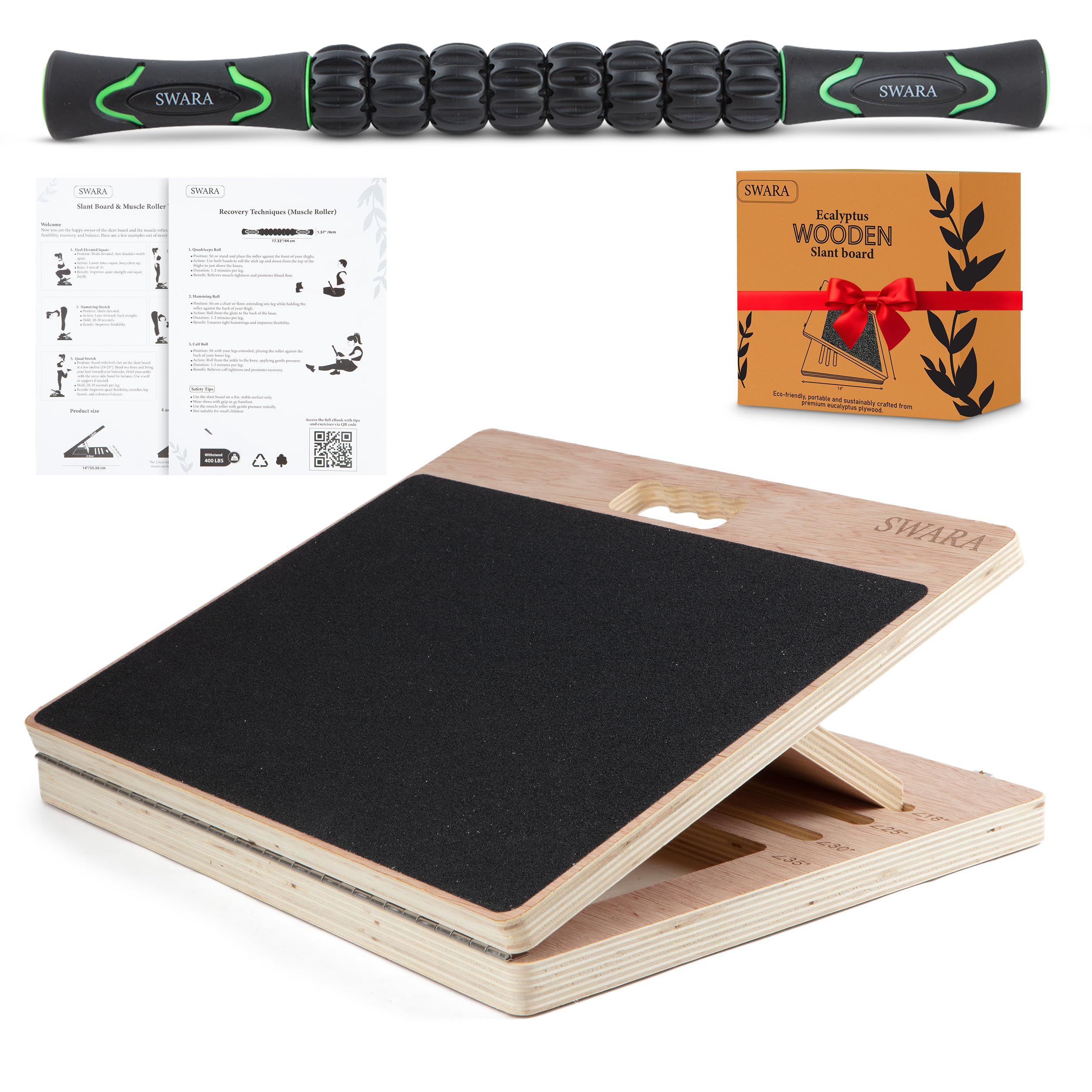 Swara 17″ Wide, Professional Portable Eucalyptus Slant Board, Thicker Bottom for Squats & Calf Stretching – Premium Adjustable Wooden Calf Stretcher