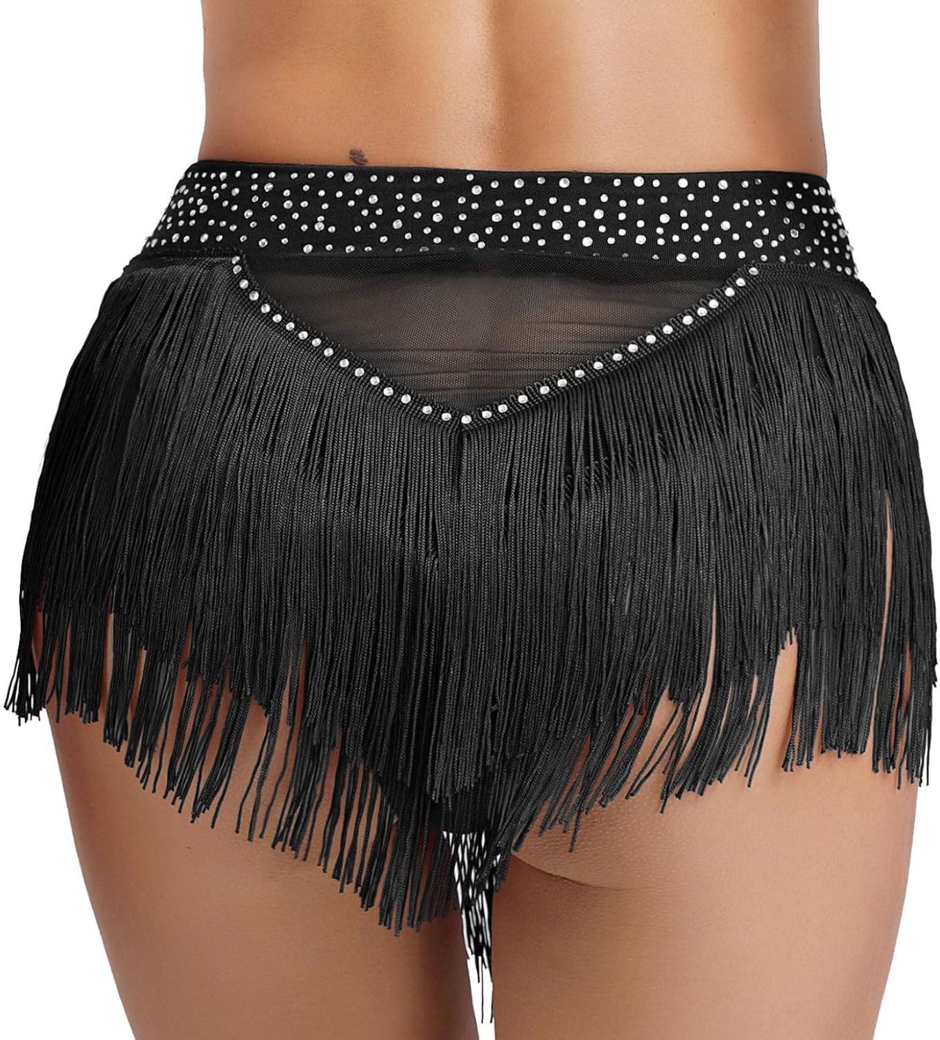 Women's Fringe Shorts Shiny Rhinestone Tassel Belly Dance Shorts High Elastic Rave Bottoms
