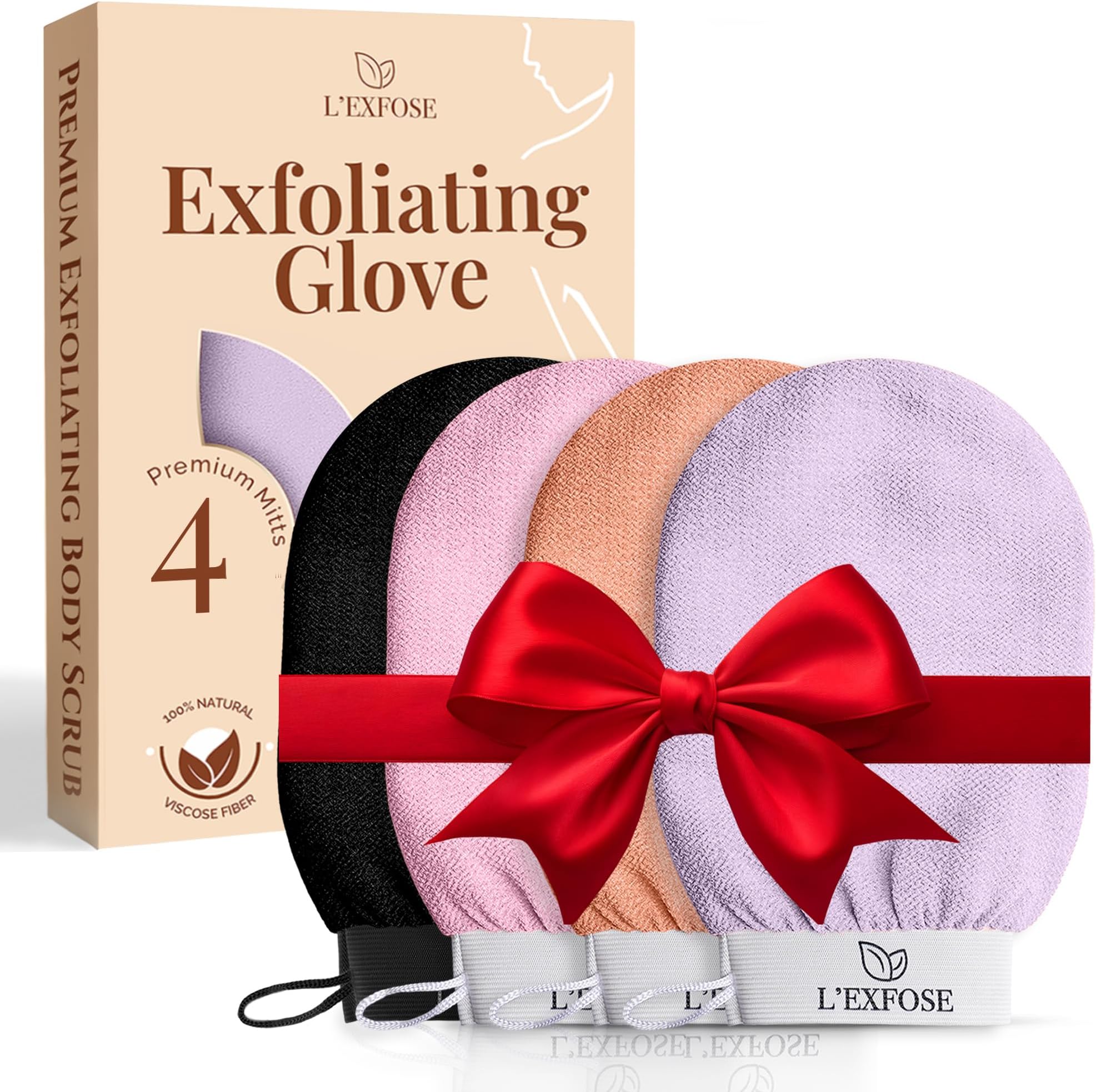 L'Exfose Kessa Hammam Deep Exfoliating Glove 4pc - Korean Exfoliating Mitt for Shower Ideal for Dead Skin Remover, Keratosis Pilaris & Self-Tanning to Improve Skin Tone Made with 100% Natural Viscose