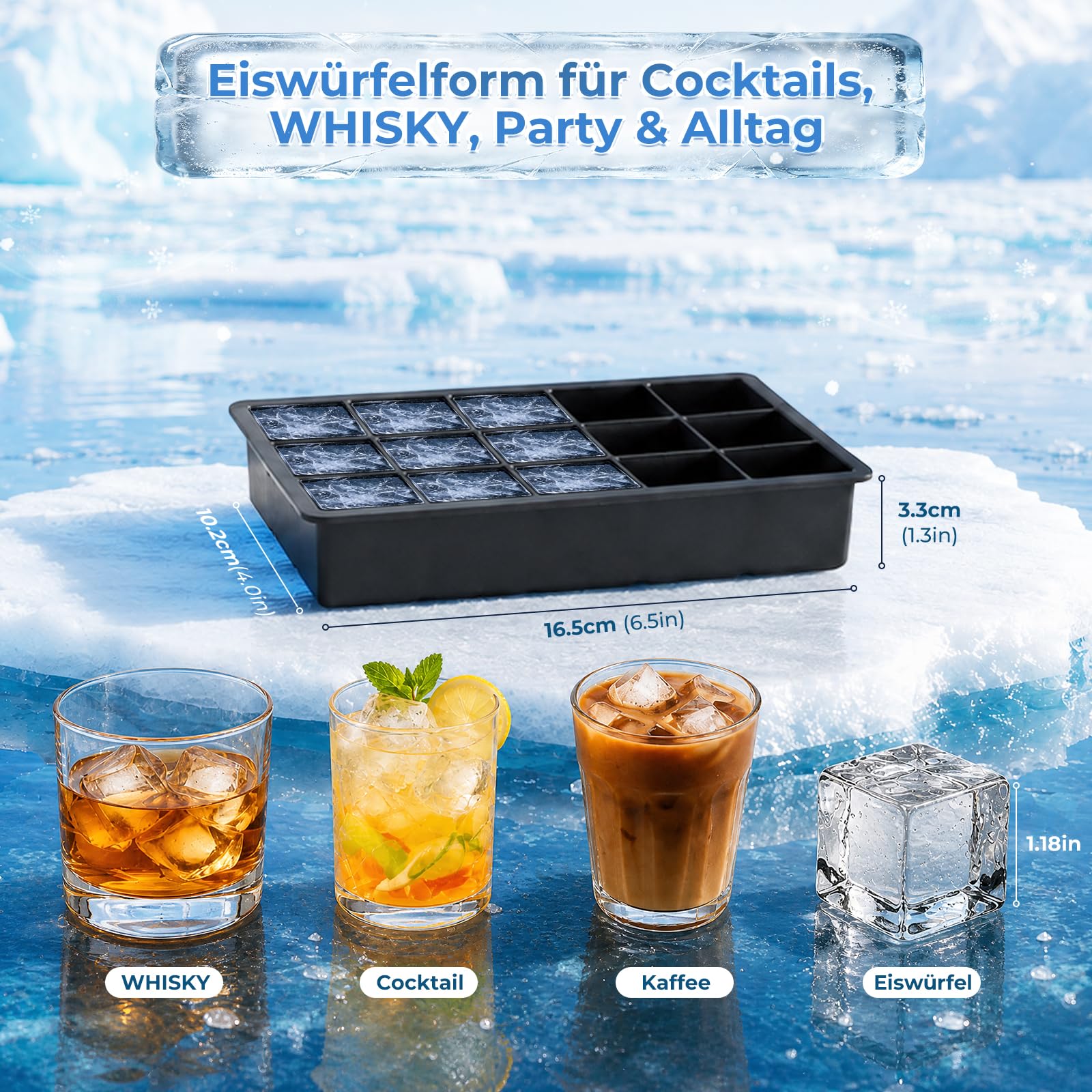 Pack 2 Cubiteras Silicona anti-olor con Tapa, 15 cavidades cada una, fácil de desmoldar, apilable, aptas para lavavajillas, LFGB sin BPA. Para hielo de café, whisky, purés. Negro.