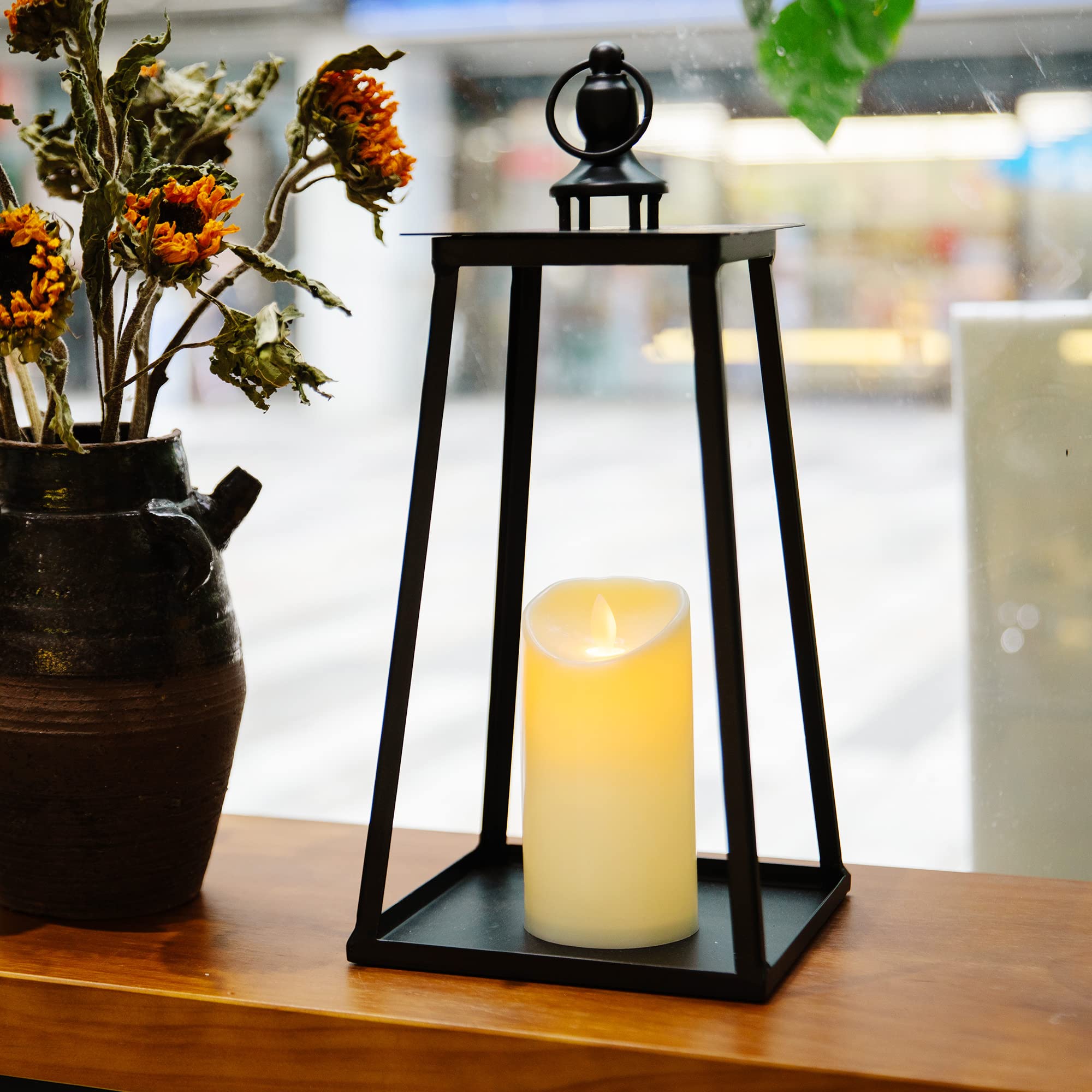 HPC Decor 16inch Lantern Decorative w/Flickering LED Candles- Decorative Outdoor Lantern- Chunky Black Metal Candle Lantern- Vintage Lantern Decor for Indoor, Outdoor, Patio, Porch (No Glass)