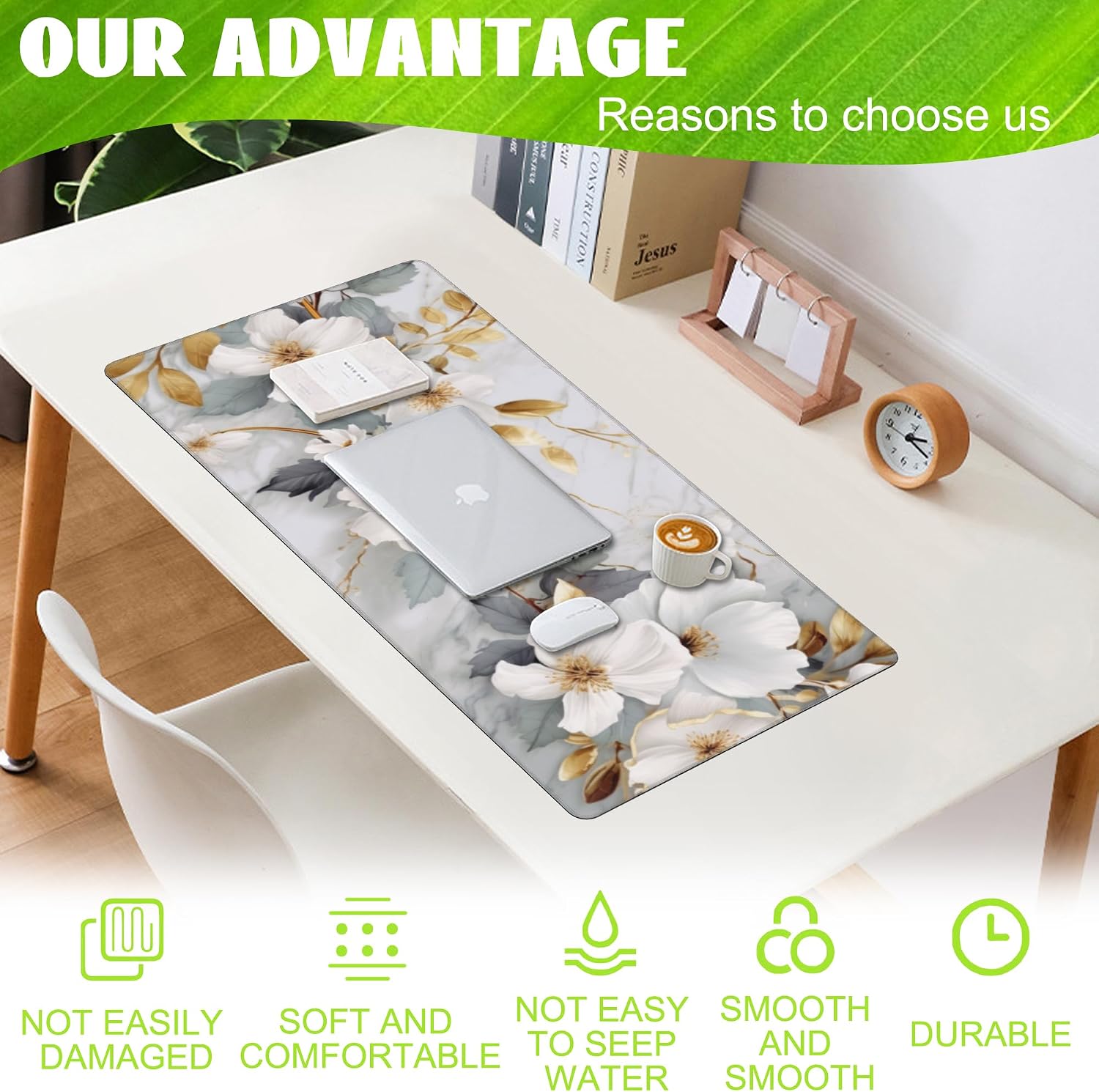 Desk Mat,White Gold Marble Desk Pad,White Flowers Golden Leaves Large Gaming Mouse Pad for Desk,Extended Big Computer Keyboard Mouse Pad with Non-Slip Base and Stitched Edge,35.4"x15.7" image 4