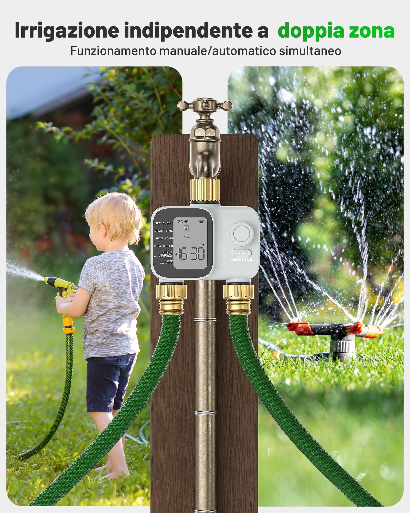 Unistyle Centralina Irrigazione 2 Vie | Nuovo modello 2026 – Timer Irrigazione Automatica del Giardino, Funzionamento Semplice e Intuitivo, Controllo preciso, Programmi di Irrigazione Flessibili