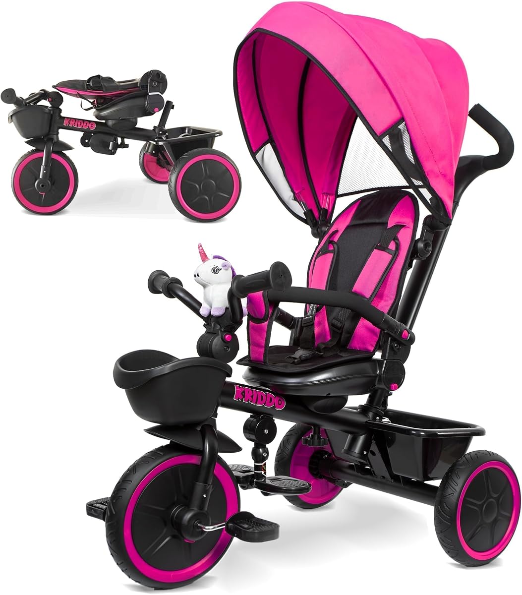 7-in-1 Push Tricycle w/Parent Steering Handle, Ages 1.5 to 5 Years | Rotatable Seat, Cup Holder, Toddler Tricycle with Retractable Canopy, Detachable Guardrail, Footrest & Safety Harness