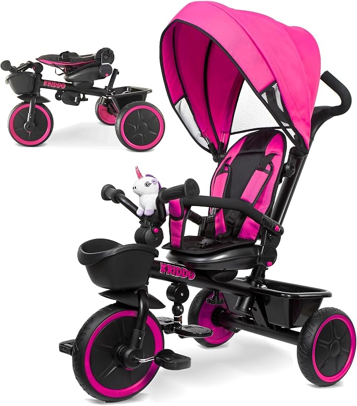 7-in-1 Push Tricycle w/Parent Steering Handle, Ages 1.5 to 5 Years | Rotatable Seat, Cup Holder, Toddler Tricycle with Retractable Canopy, Detachable Guardrail, Footrest & Safety Harness