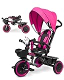 KRIDDO 7-in-1 Tricycle Stroller for Toddlers 18 Months to 5 Years, Adjustable Push Handle, Rotatable Seat, Cup Holder and Retractable Canopy, Folding Baby Trike w/Detachable Guardrail, Footrest, Pink