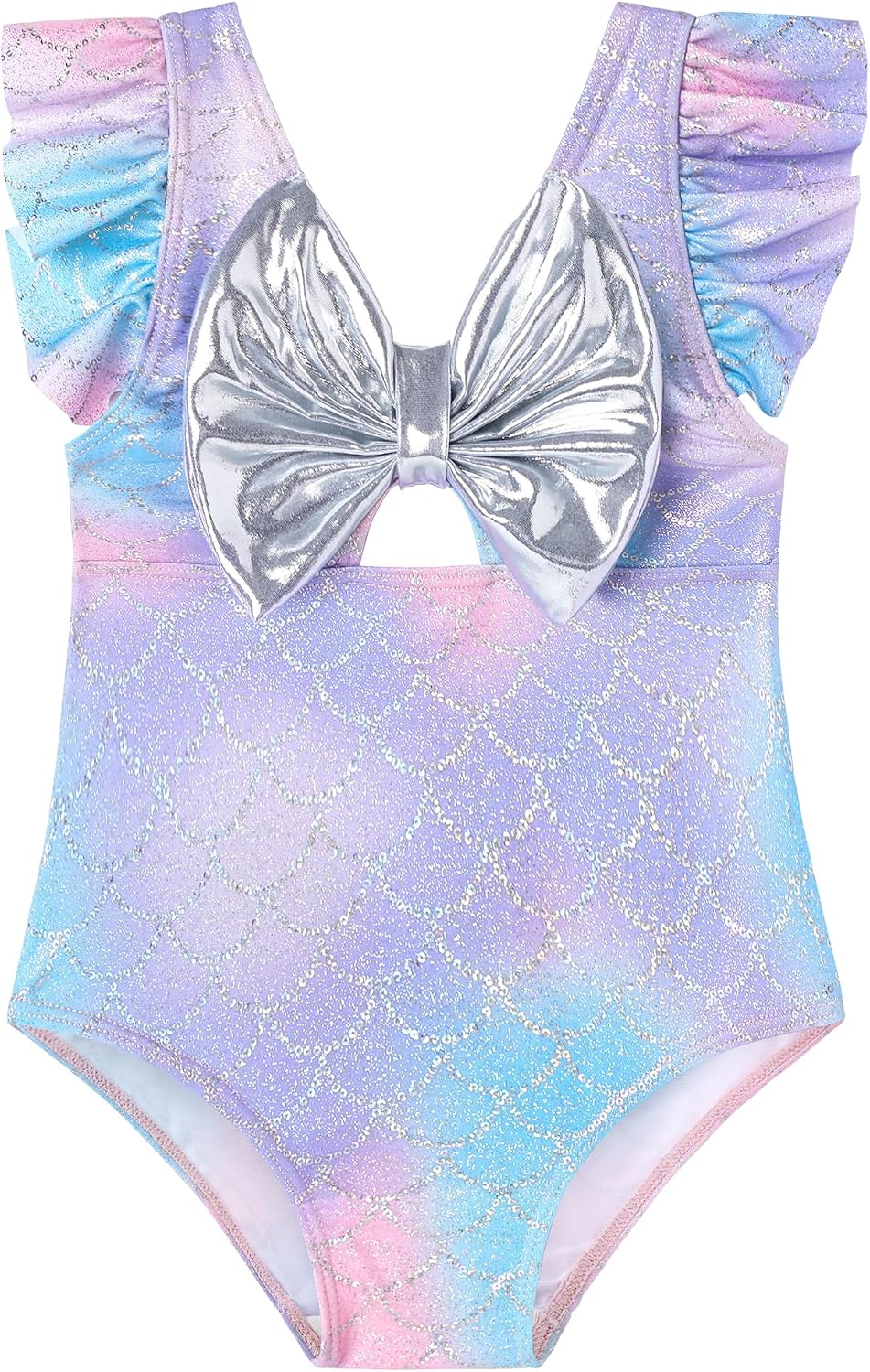 Toddler Baby Girl One Piece Swimsuit Ruffle Mermaid Sparkly Back Bow-Knot Swimwear Infant Bathing Suit for 1-5 Years