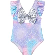 Toddler Baby Girl One Piece Swimsuit Ruffle Mermaid Sparkly Back Bow-Knot Swimwear Infant Bathing Suit for 1-5 Years