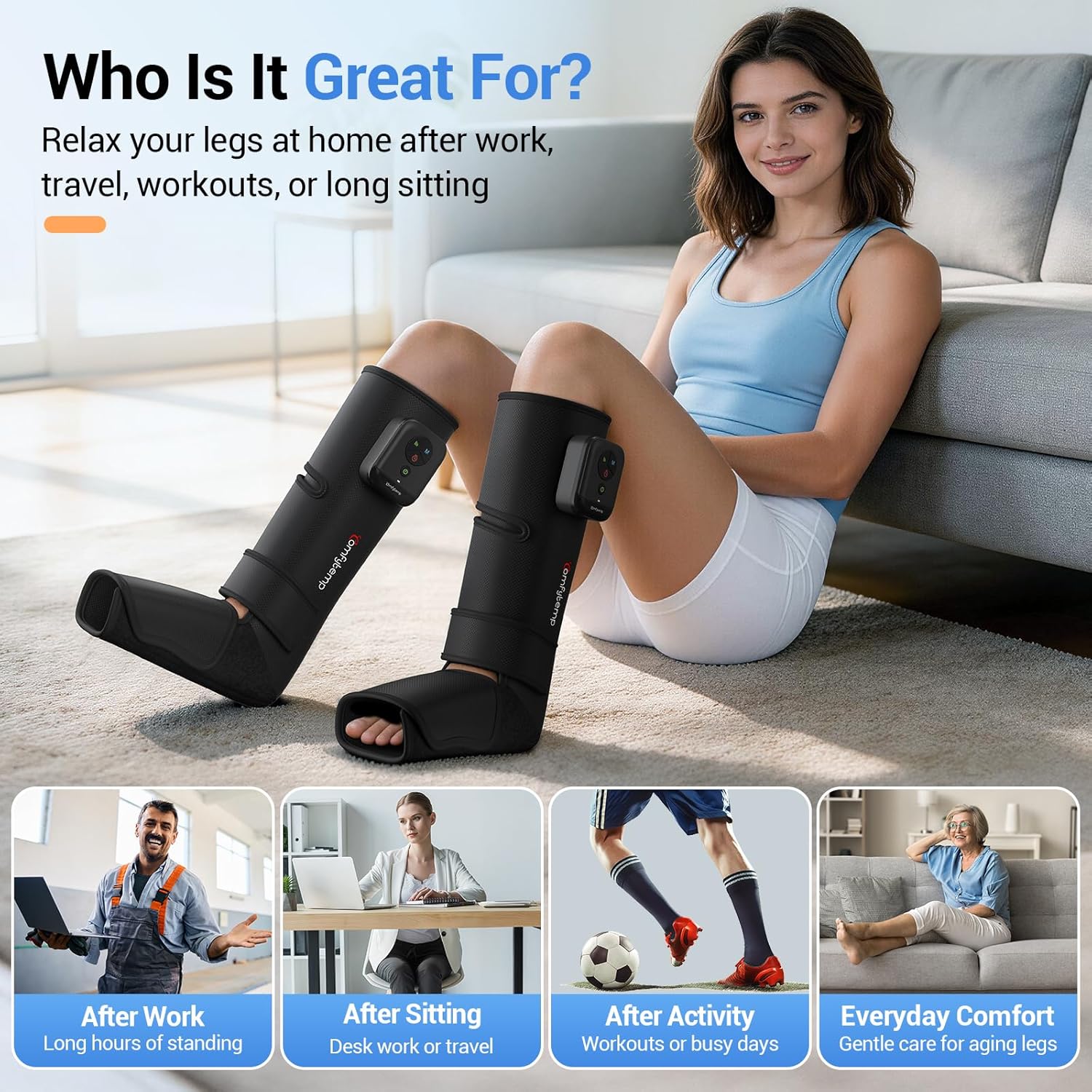 Comfytemp Cordless Air Compression Leg Massager for Circulation and Pain Relief, Portable Foot and Calf Compression Boots for Plantar Fasciitis, Varicose Veins, Ideal for Mom Dad (Fit Calf 13"~19")