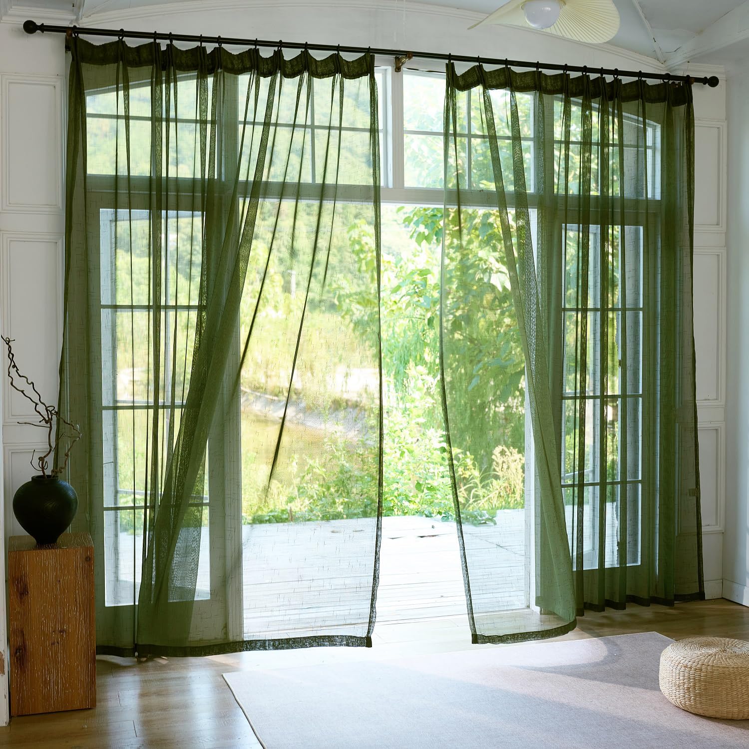 Olive Green Sheer Curtains 96 Inches Long 2 Panels, Dark Textured Linen Look See Through Drapes, Thin Light Filtering Window Treatments, Pinch Pleat Sliding Glass Door Ceiling Curtain