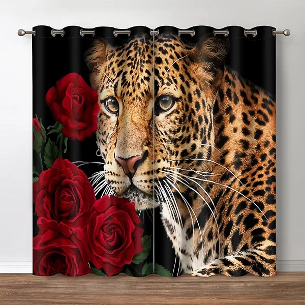 Leopard and Red Roses Window Blackout Curtain | 42x54 Inch Grommet Leopard And Red Roses Blackout Curtain 2 Panel Set Wild Cat Floral For Home Bedroom Living Room