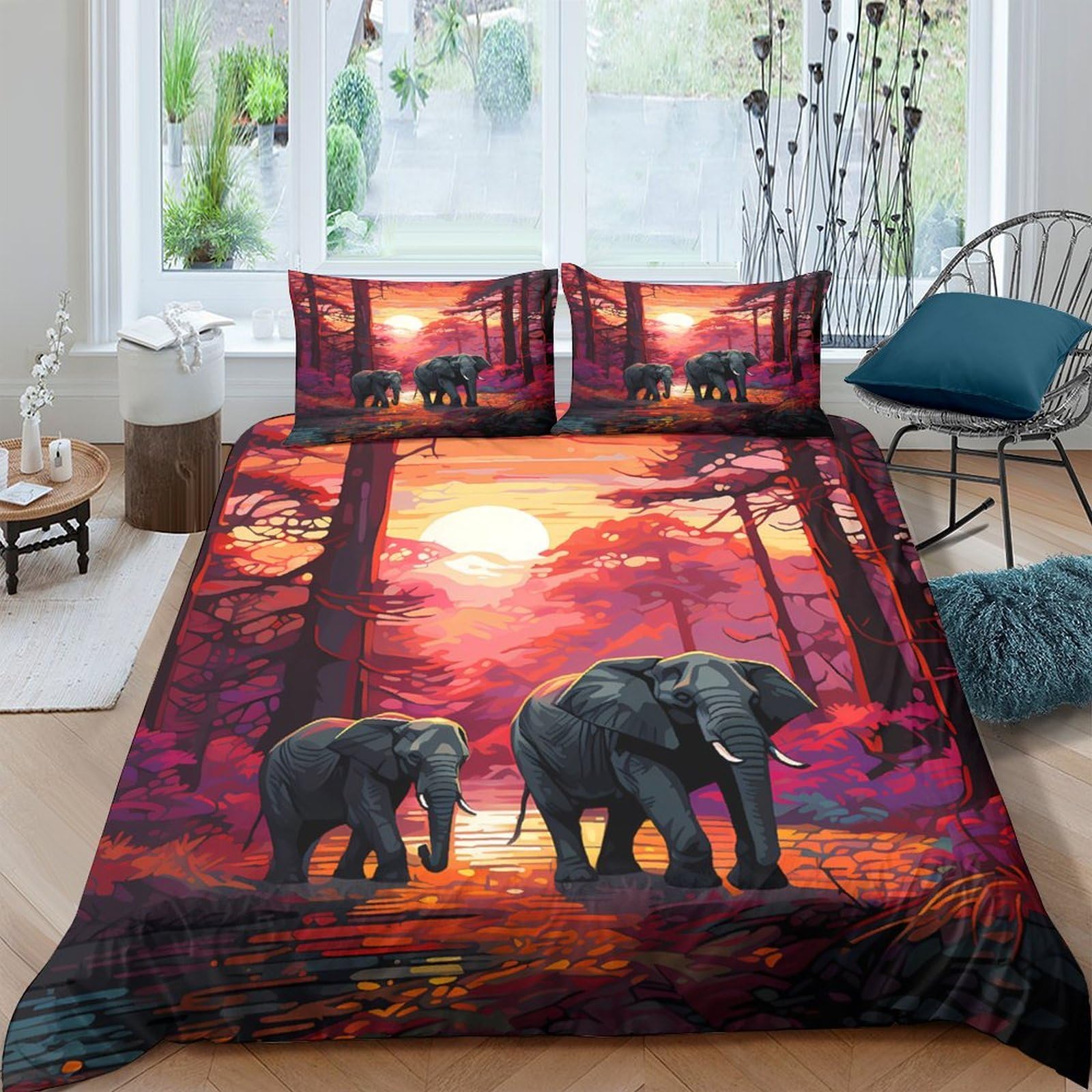 Ctjqhvkz Style-10 3D Printed Sunset Forest Fitted Sheet Microfiber Soft Elephant Family Mattress Cover Bedroom Dorm Decor Single（135X200cm）