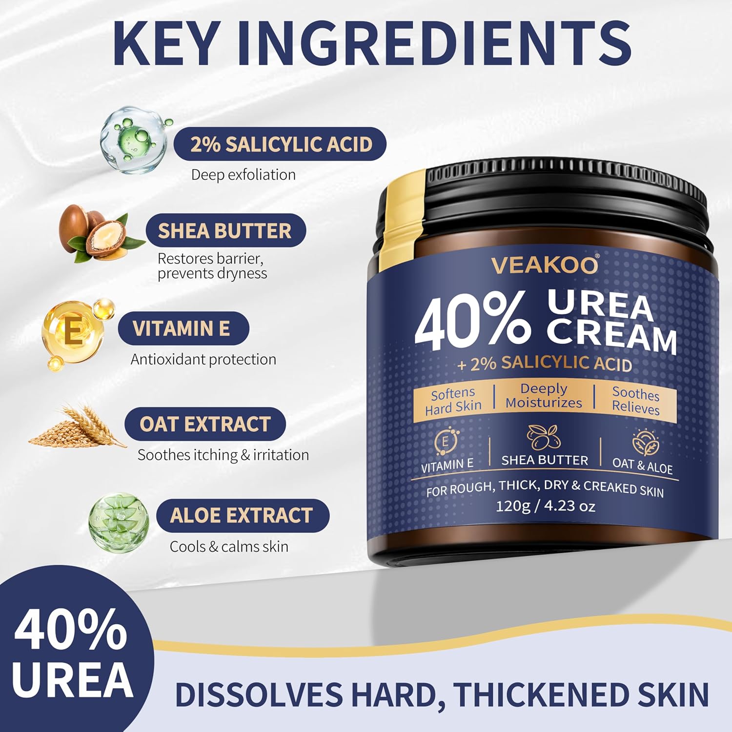 Veakoo Urea Cream 40 Percent for Feet Maximum Strength, Foot Cream with 2% Salicylic Acid, Dead Skin Cuticle Callus Remover, Urea Lotion for Intensive Repair of Dry Cracked Heels Hands