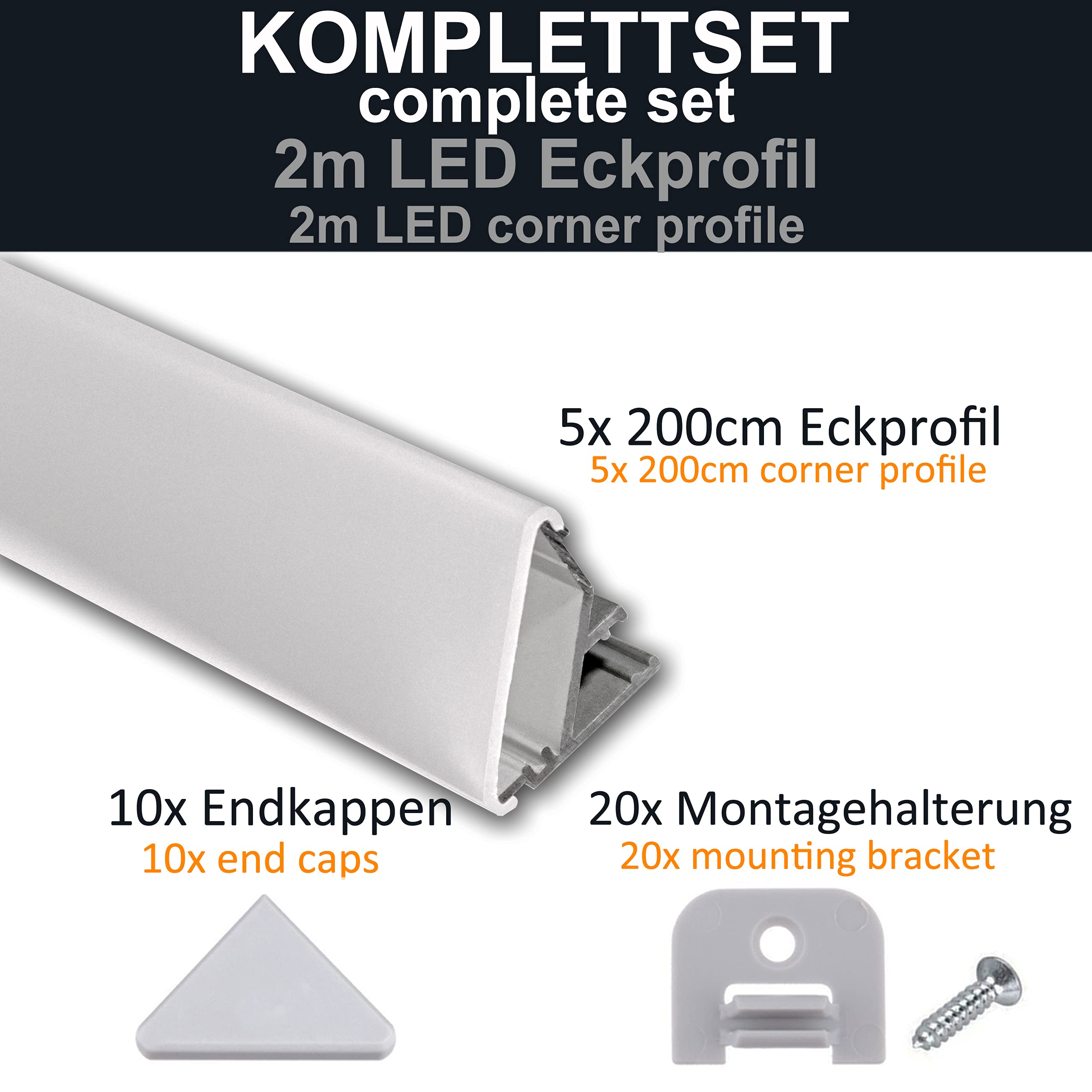 LED Eckprofil 2m – 45 Grad Aluprofil Für LED-Streifen, 5x 2m Set